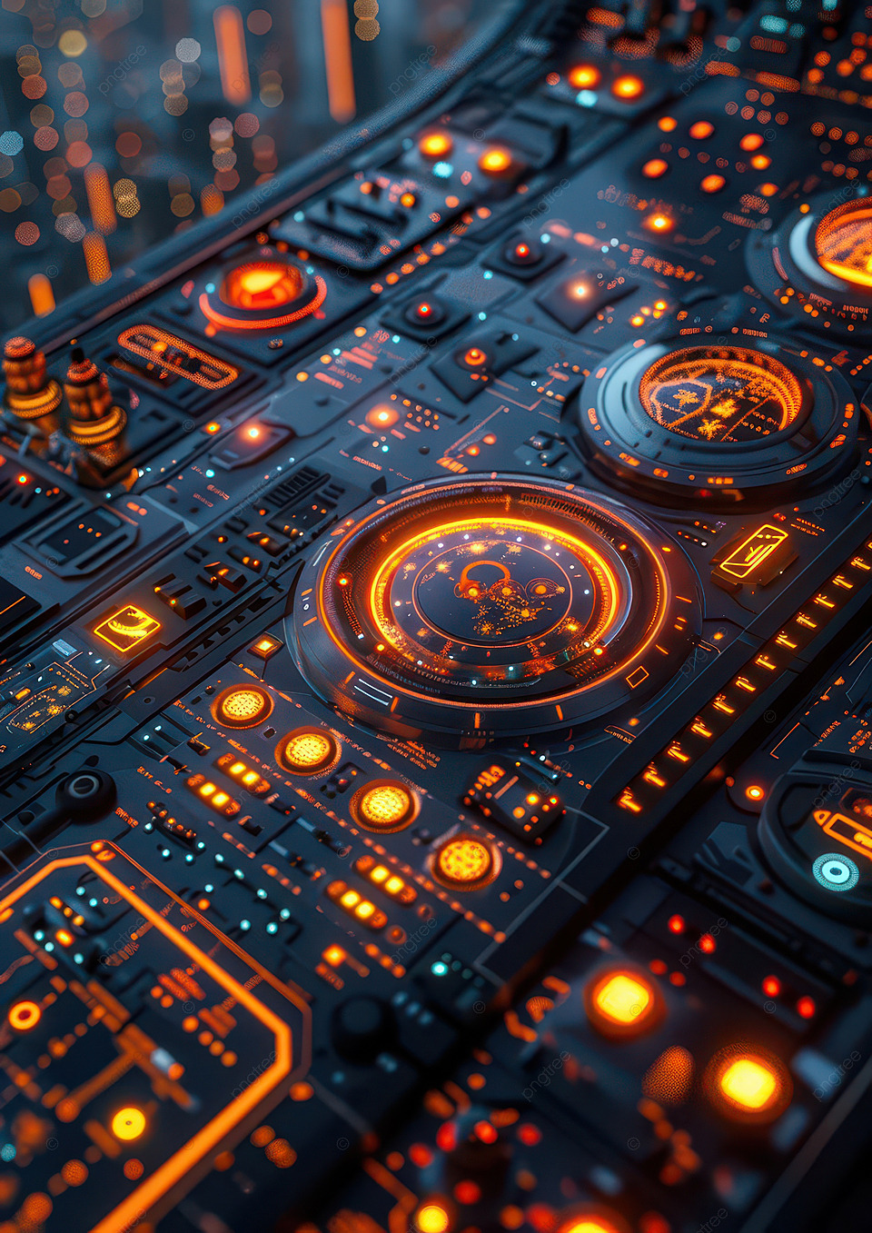 960x1357 A Close Up Of Futuristic Control Panel With Glowing Orange Lights And Intricate Designs Background Wallpaper Image For Free Download