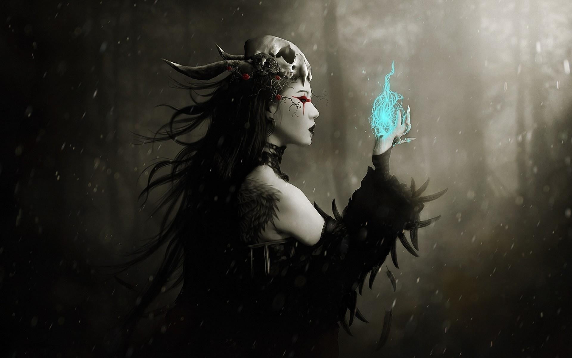 1920x1200 Woman with animal skull on head digital wallpaper, magic, fantasy art, fantasy girl, dark fantasy HD wallpaper