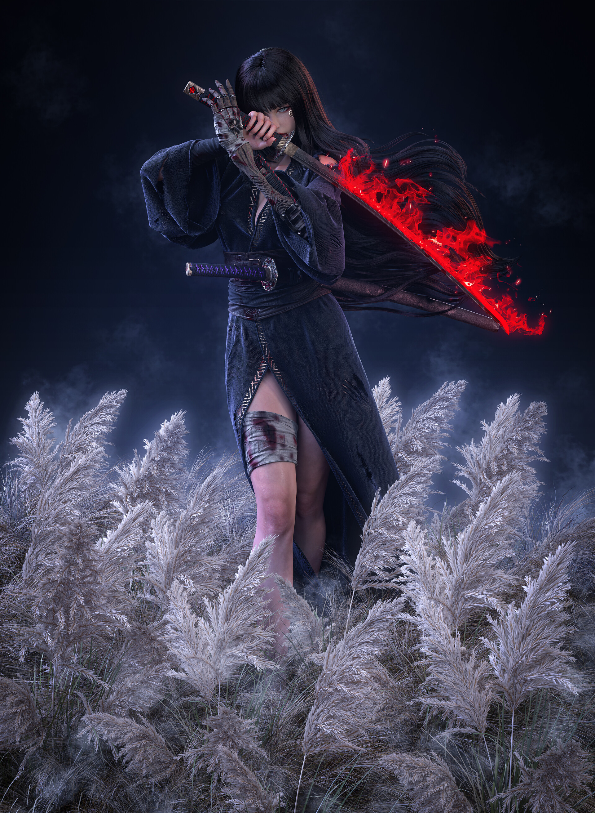 1920x2621 women, fantasy girl, girls with guns, women with swords, dark hair, long hair, Pengcong Pan, artwork, fantasy art, fire, katana, wounds, blood, bandages, plants, sword, Sekiro: Shadows Die Twice, portrait display