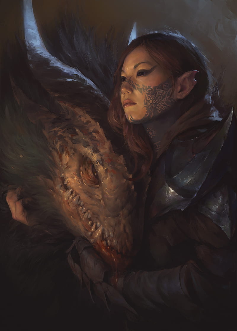 800x1118 Fantasy art, dragon, creature, dark eyes, fantasy girl, HD phone wallpaper