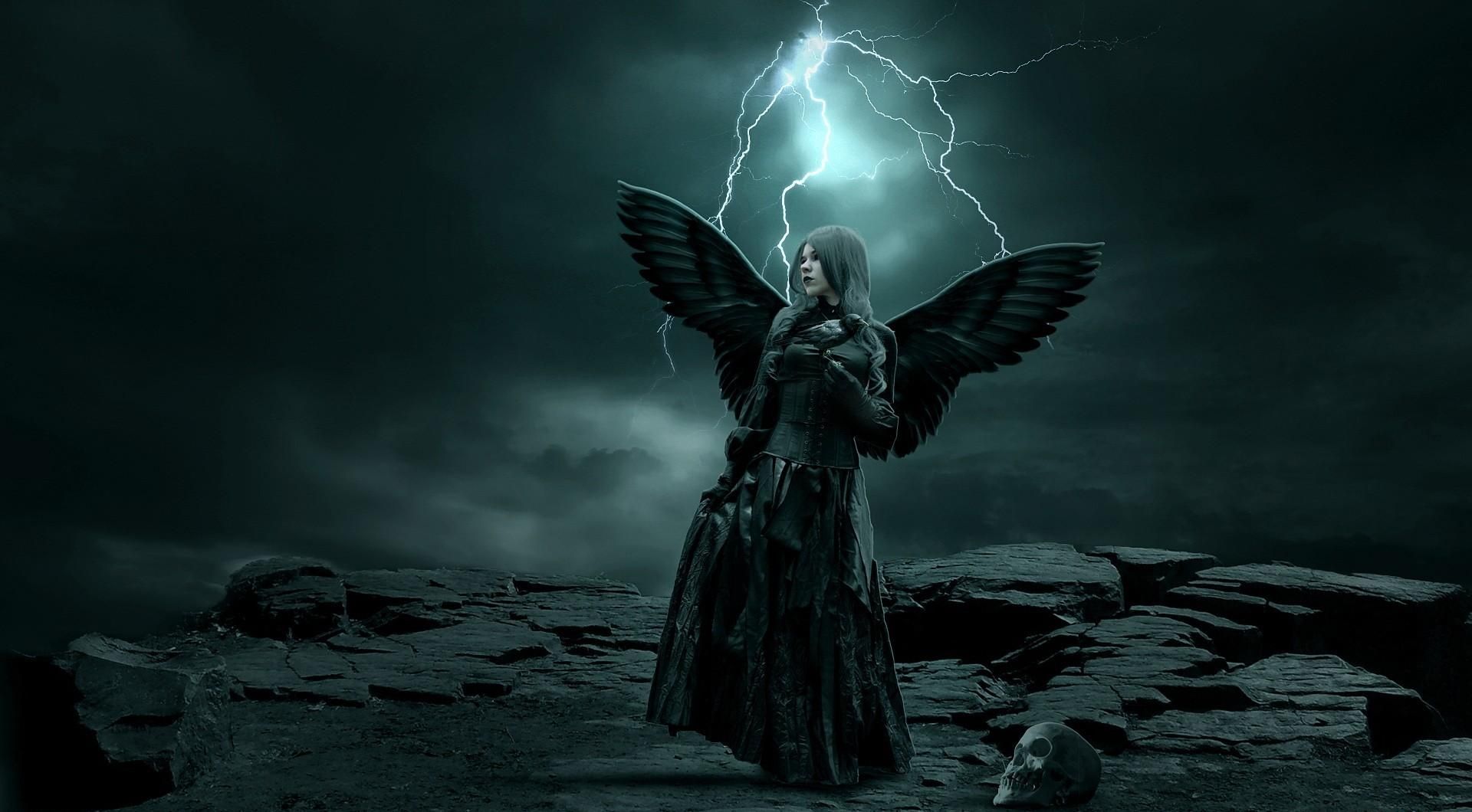 1920x1060 Phone wallpaper: Skull, Darkness, Fantasy, Girl, Lightning, Rock, Wings 96467