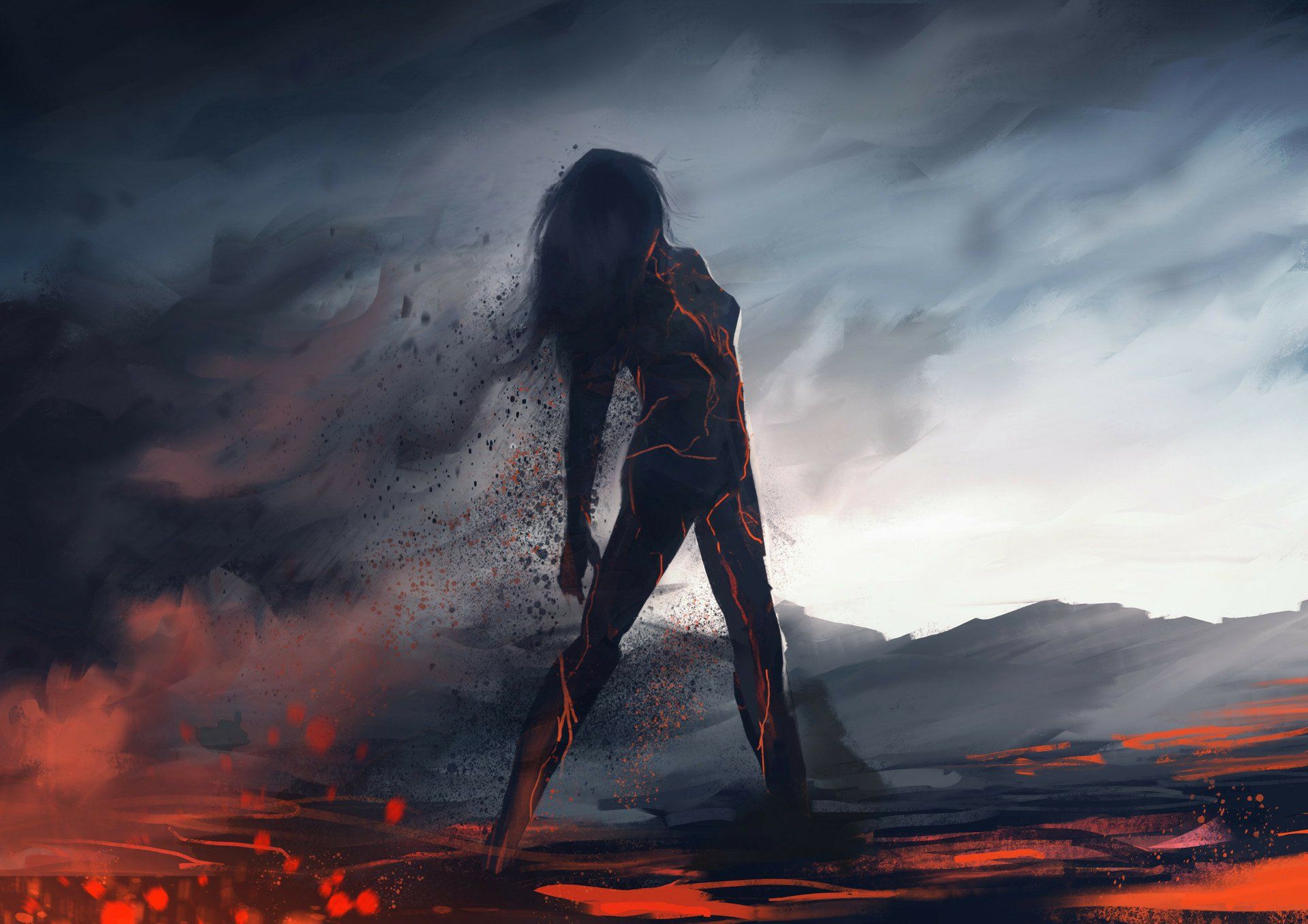 1920x1357 Fiery Silhouette: Fantasy Woman Amidst Smoke and Lava HD Wallpaper