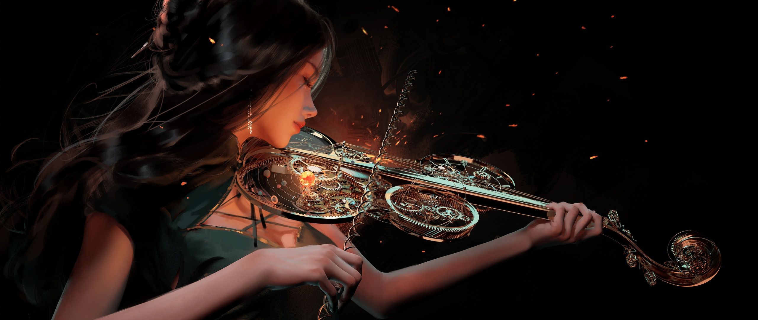 2560x1080 Fantasy girl Wallpaper 4K, Playing violin, WLOP, Princess