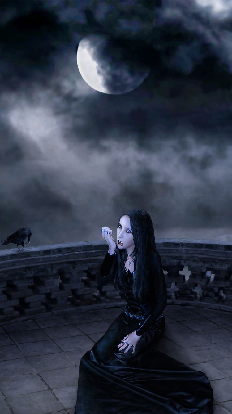 750x1334 Phone wallpaper: Dark, Women, Gothic, Raven, Fantasy, Moon 1256688