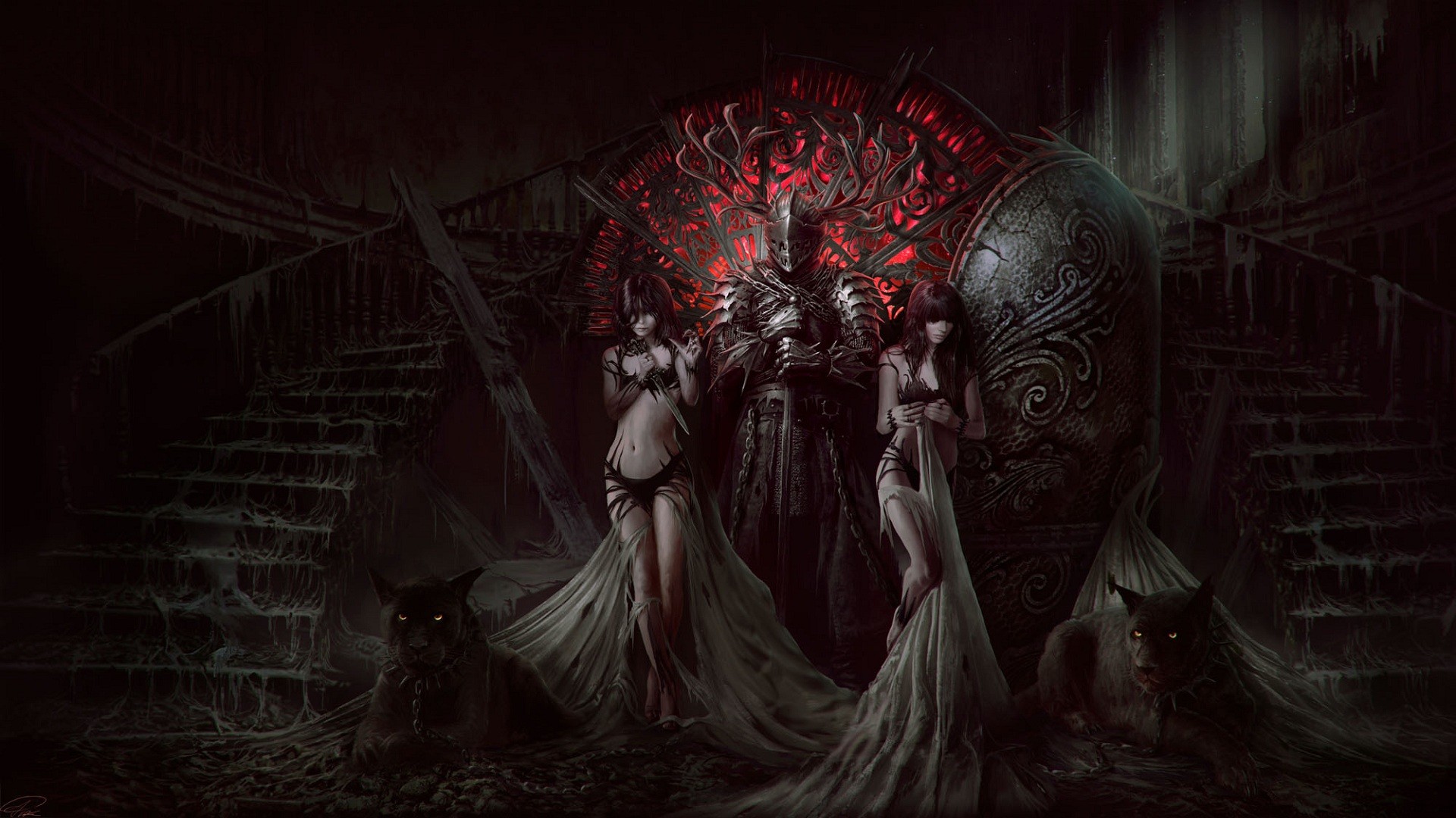 1920x1080 two women, fantasy girl, shadow, the Darkness, panthers, gothic, , fantasy art, artwork, dark fantasyx1080 Wallpaper