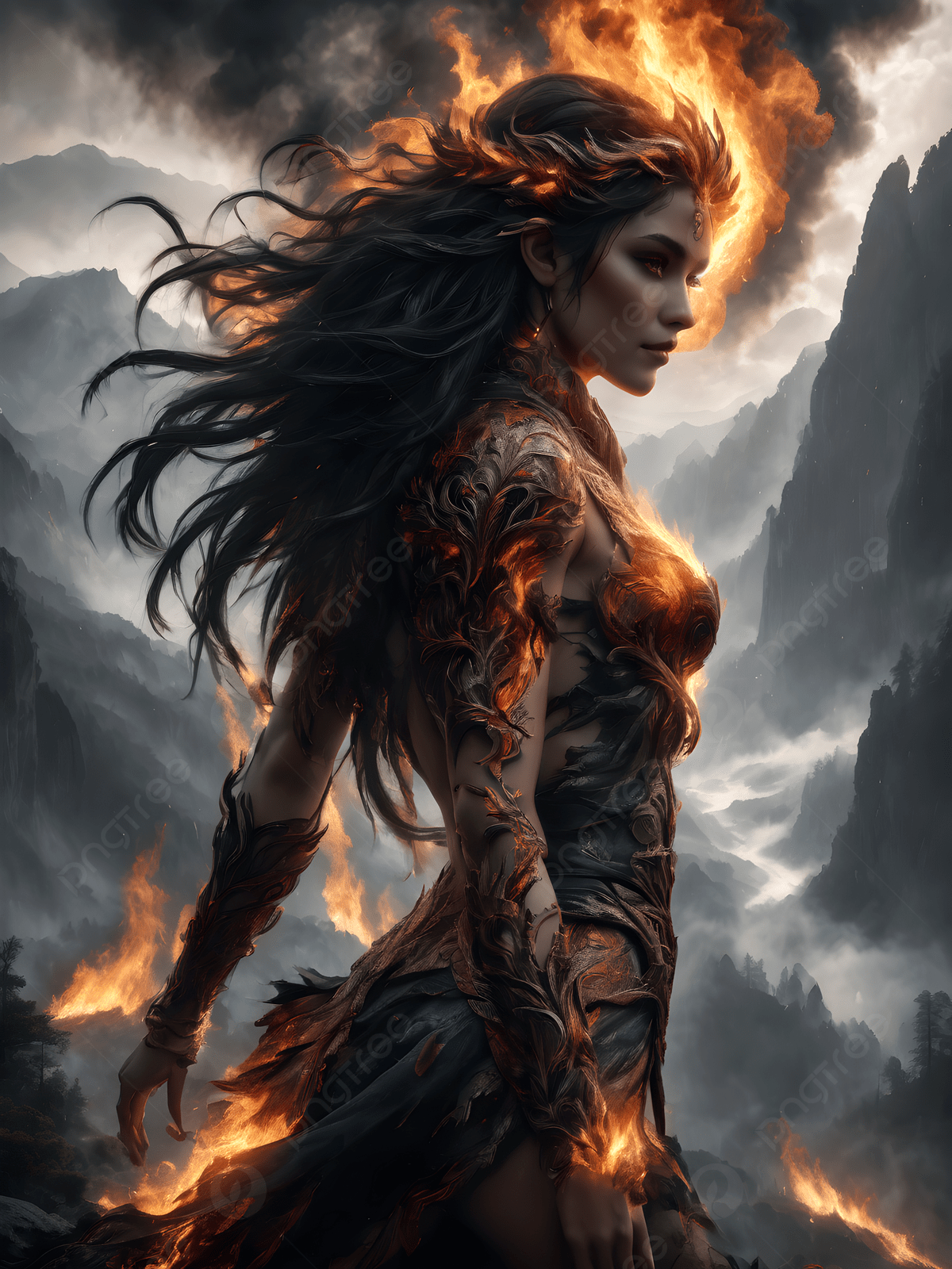 1200x1600 Fiery Goddess Enchantress Fantasy Woman In Burning Armor Majestic Mountain Landscape Background Wallpaper Image For Free Download