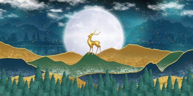 800x400 Moonlit Meadow with Golden Deer Wallpaper Mural®
