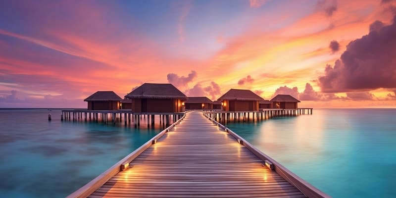 800x400 Sunset on Maldives island, Vacation, Resorts, Clouds, Wooden pier, Summer, HD wallpaper