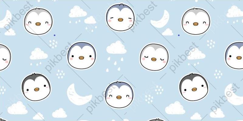 800x400 Cute Adorable Penguin Head Cartoon Doodle Seamless Pattern Background Wallpaper Wrapping Background. AI Free Download