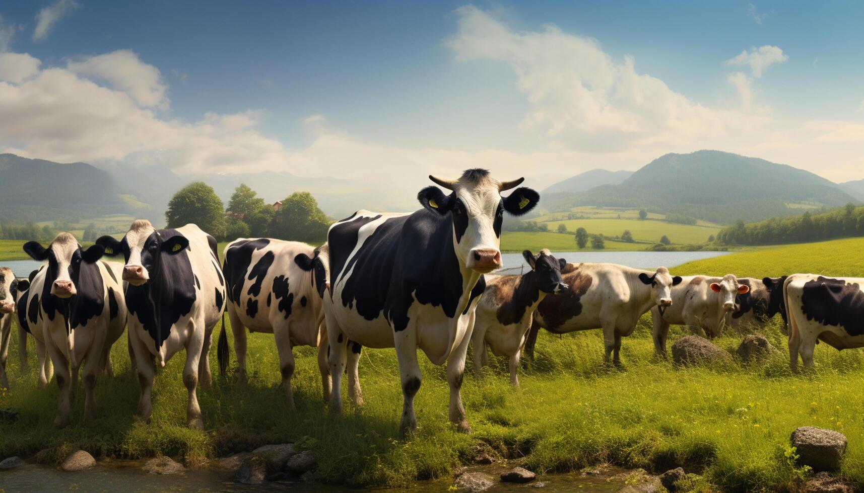 1715x980 AI generated Group of cows together gathering in a field. Countryside background