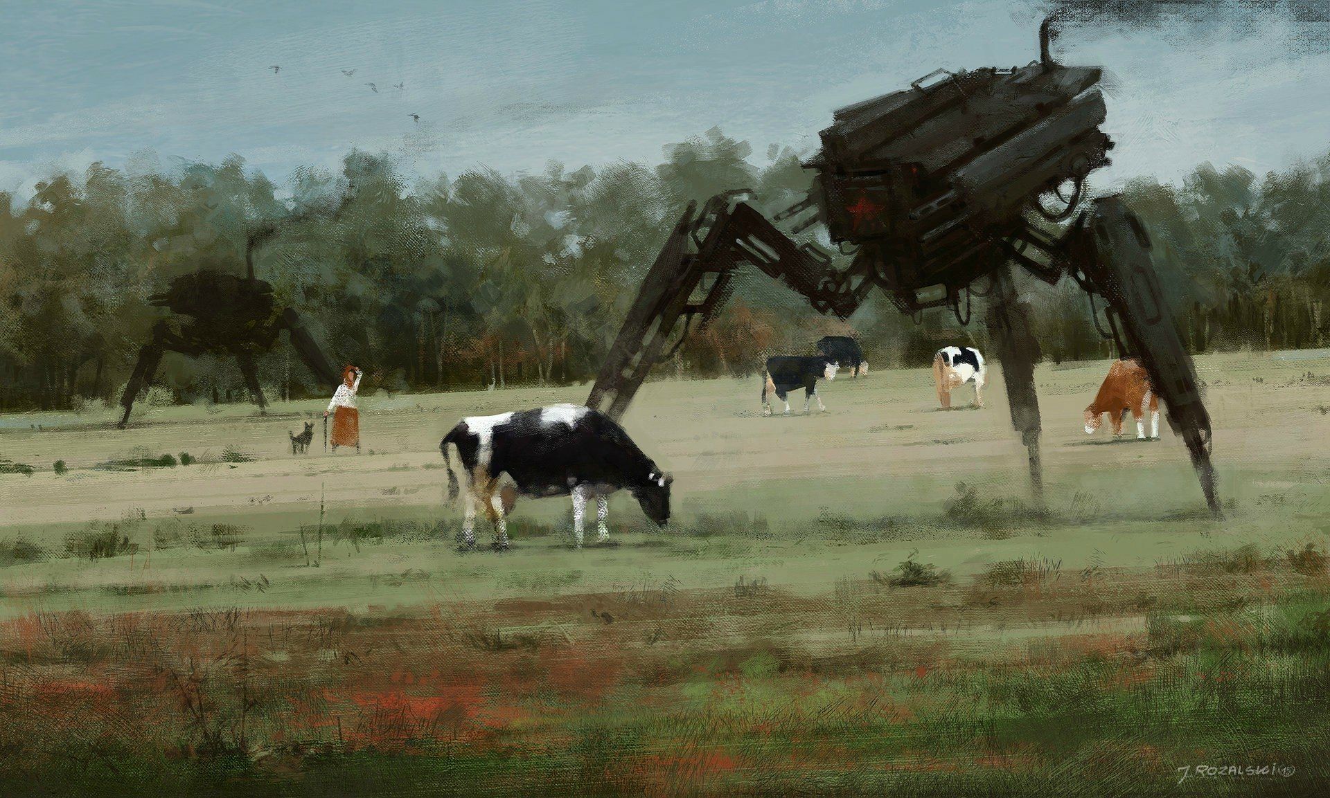 1920x1153 Futuristic Pasture: Sci Fi Robot Meets Painted Cows In HD By Jakub Rozalskix1153