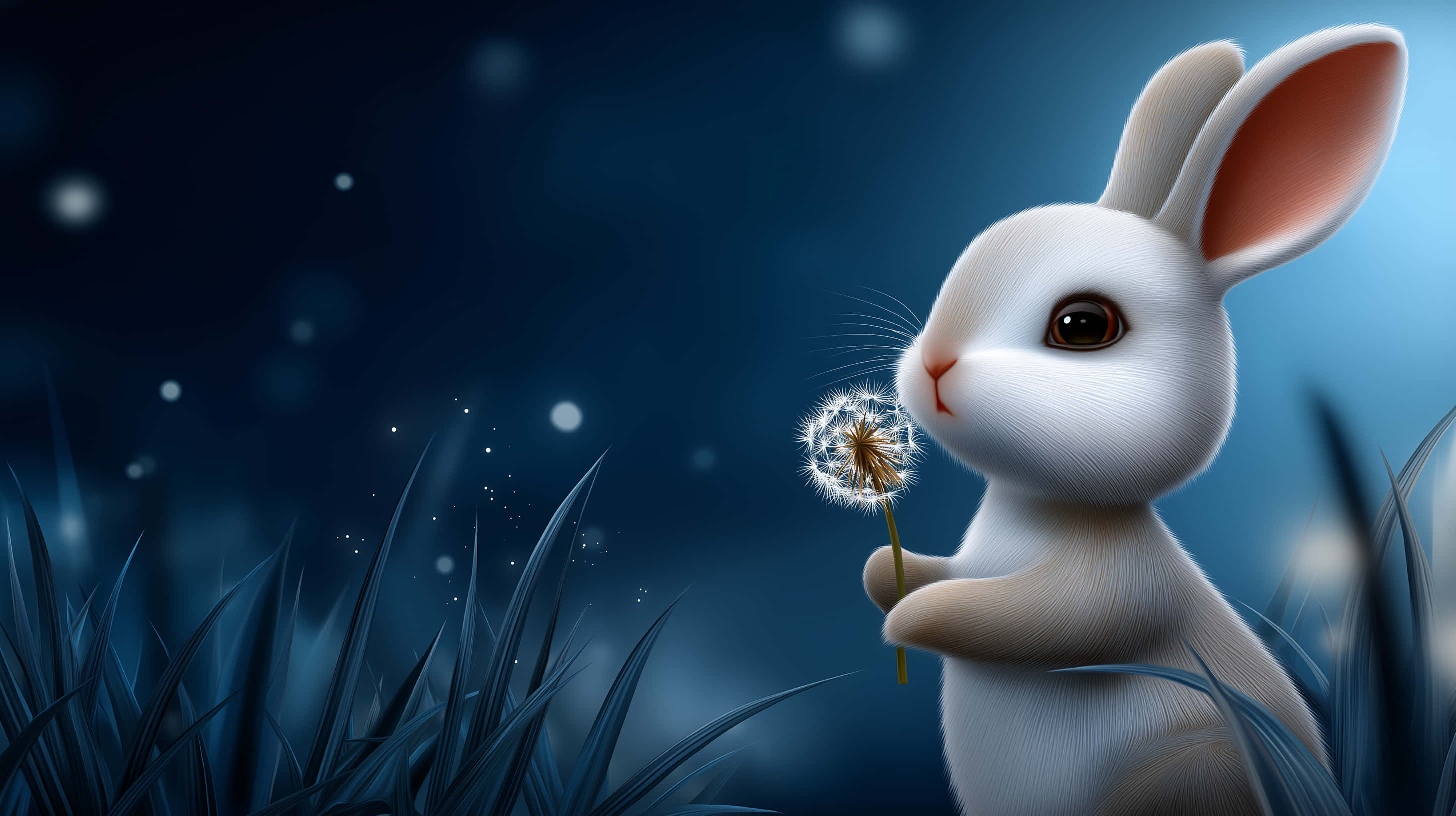 2912x1632 Download Cute Rabbit Holding Dandelion in Enchanted Night Landscape Wallpaper