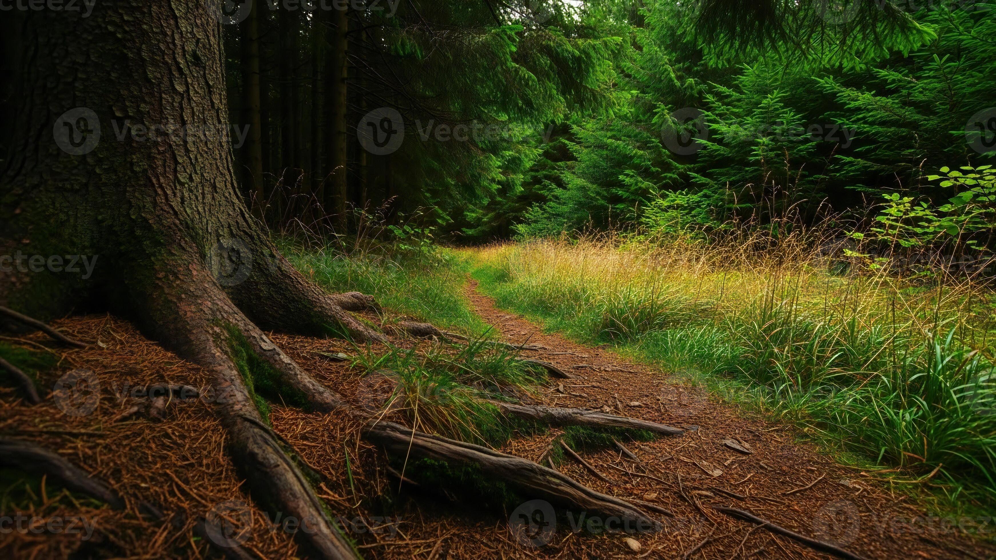 3484x1960 Nature background, Nature wallpaper, A dirt path winds through a lush green forest with large tree roots visible in the foreground