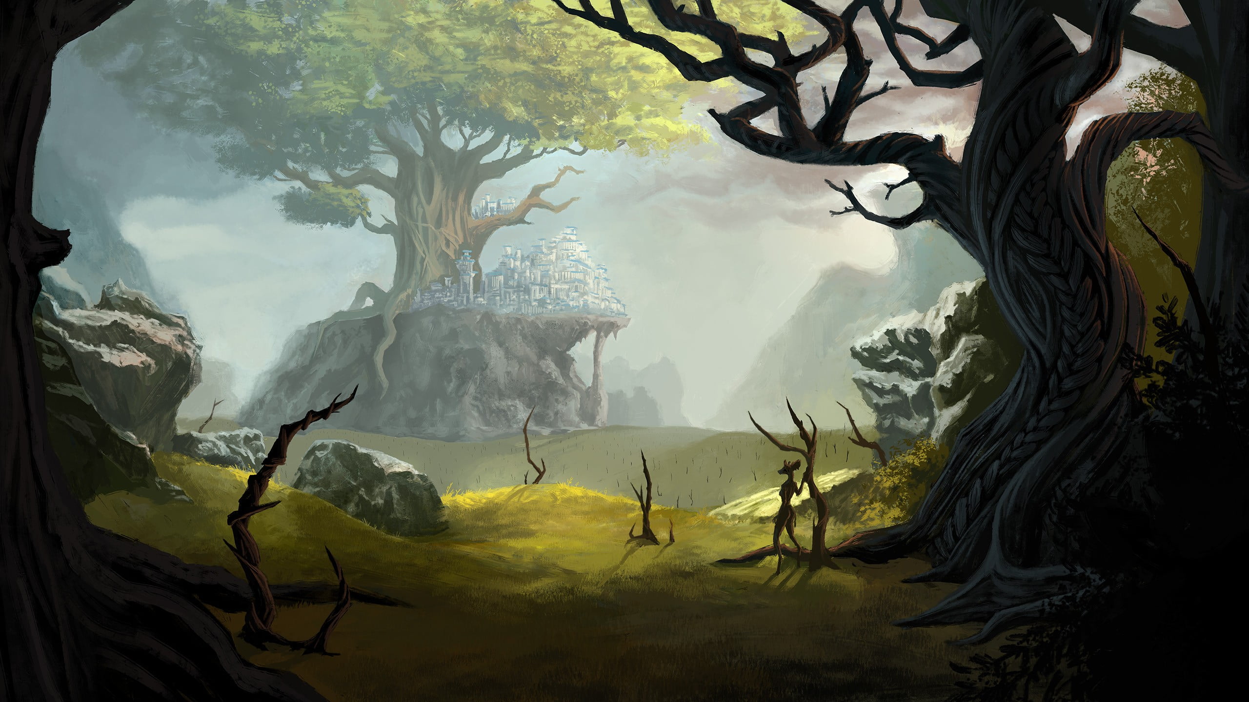 2560x1440 City on giant tree illustration, fantasy art, forest HD wallpaper