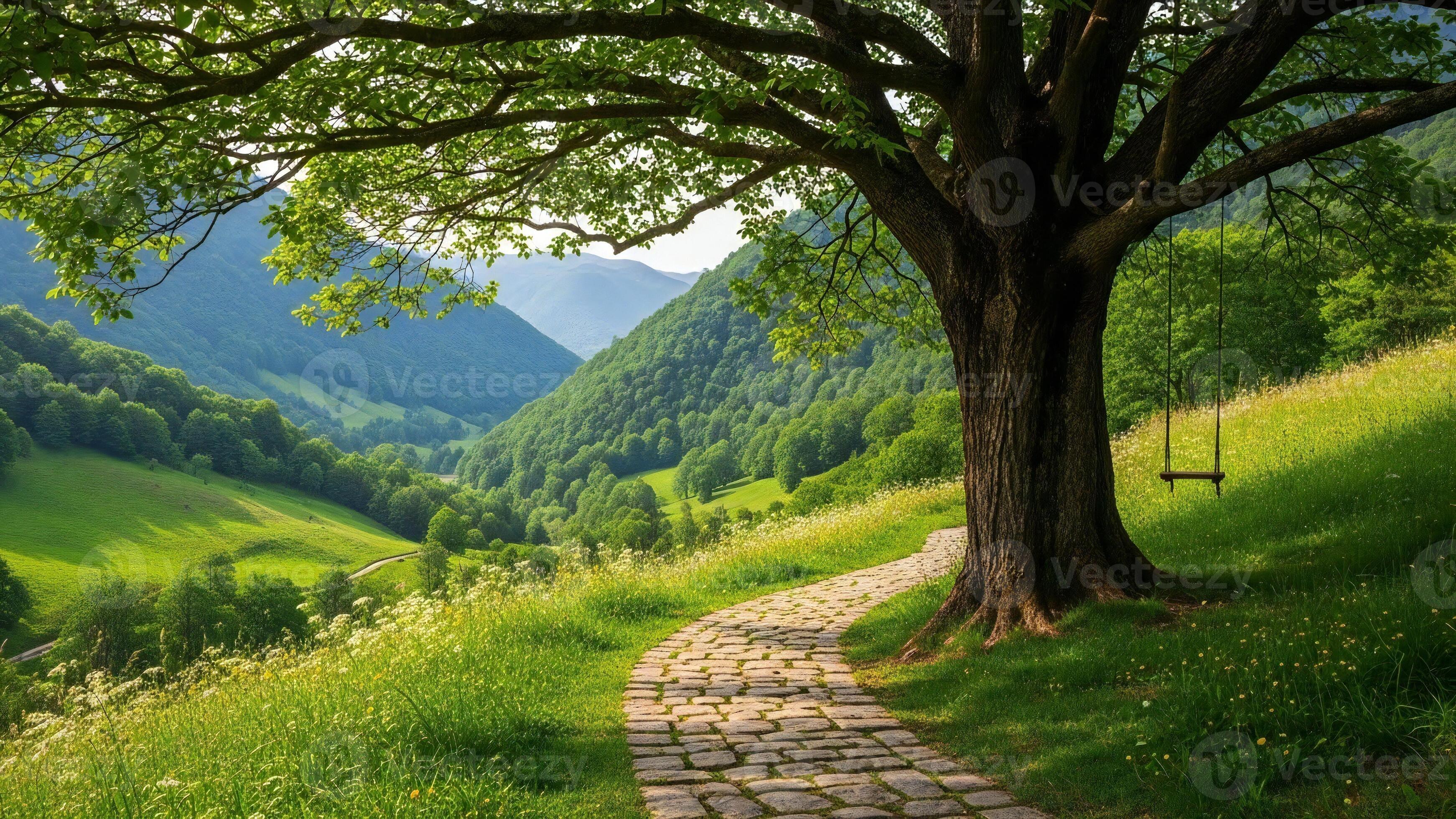 3484x1960 Nature background, Nature wallpaper, A stone pathway winds through a lush green valley with rolling hills and a large tree with a swing