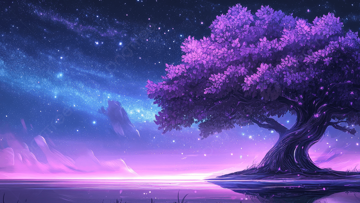 1200x676 A Huge Tree With Purple Leaves The Sky Is Full Of Stars And Galaxies Reflection In Water Glows Magical Light, Huge Tree, Purple, Leaves Background Image And Wallpaper for Free Download