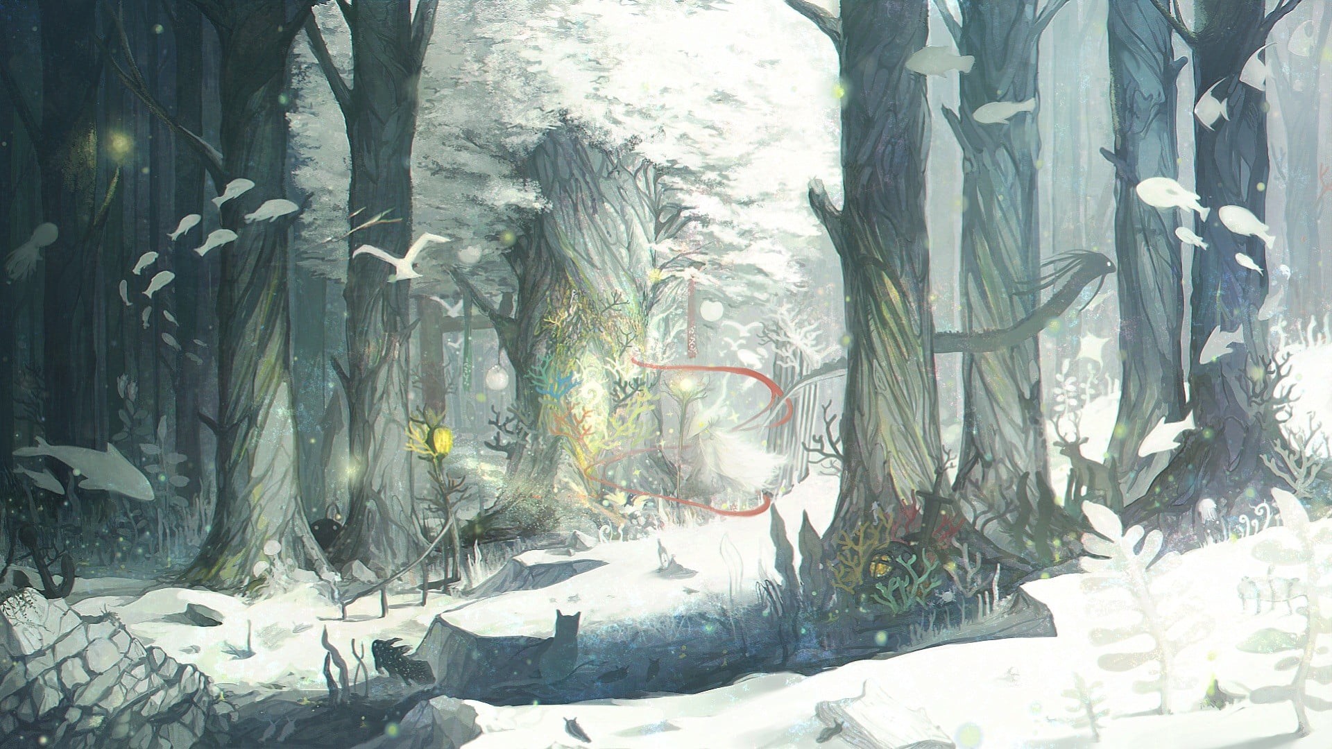 1920x1080 Painting of forest, winter, snow, forest, trees HD wallpaper