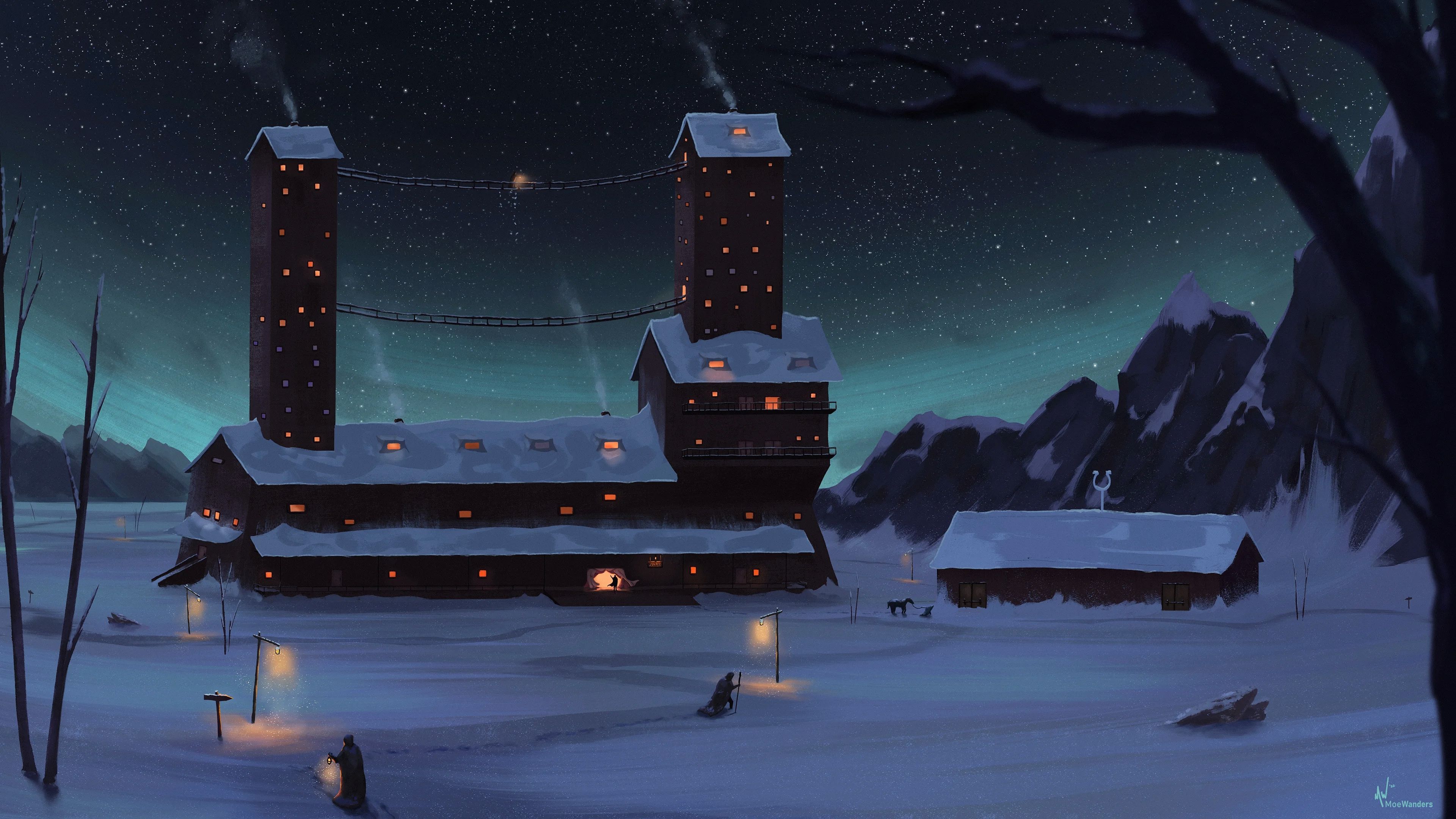 3840x2160 Wallpaper Snow, Art, Drawing, Atmosphere, Tree, Background Free Image