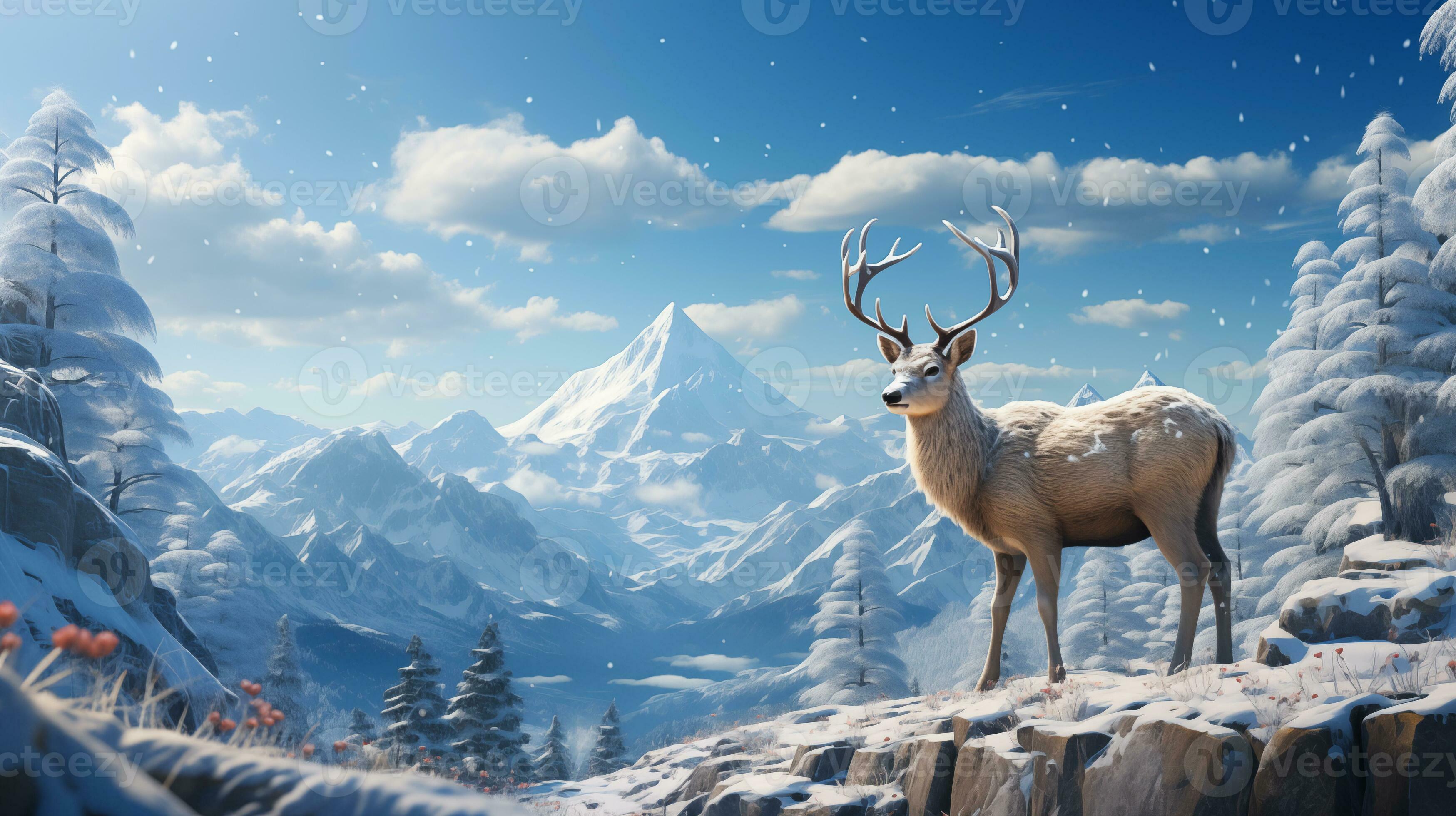 3497x1960 Reindeer In Snowy Landscape With Pines Forest And Hills On Background. Drawing Art And Paint Style Of Snow Covered Field. Horizontal Nature Scene