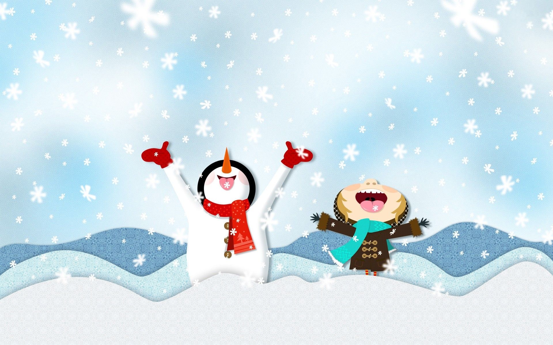 1920x1200 Winter Fun Drawing Of A Snowman And A Girl In A