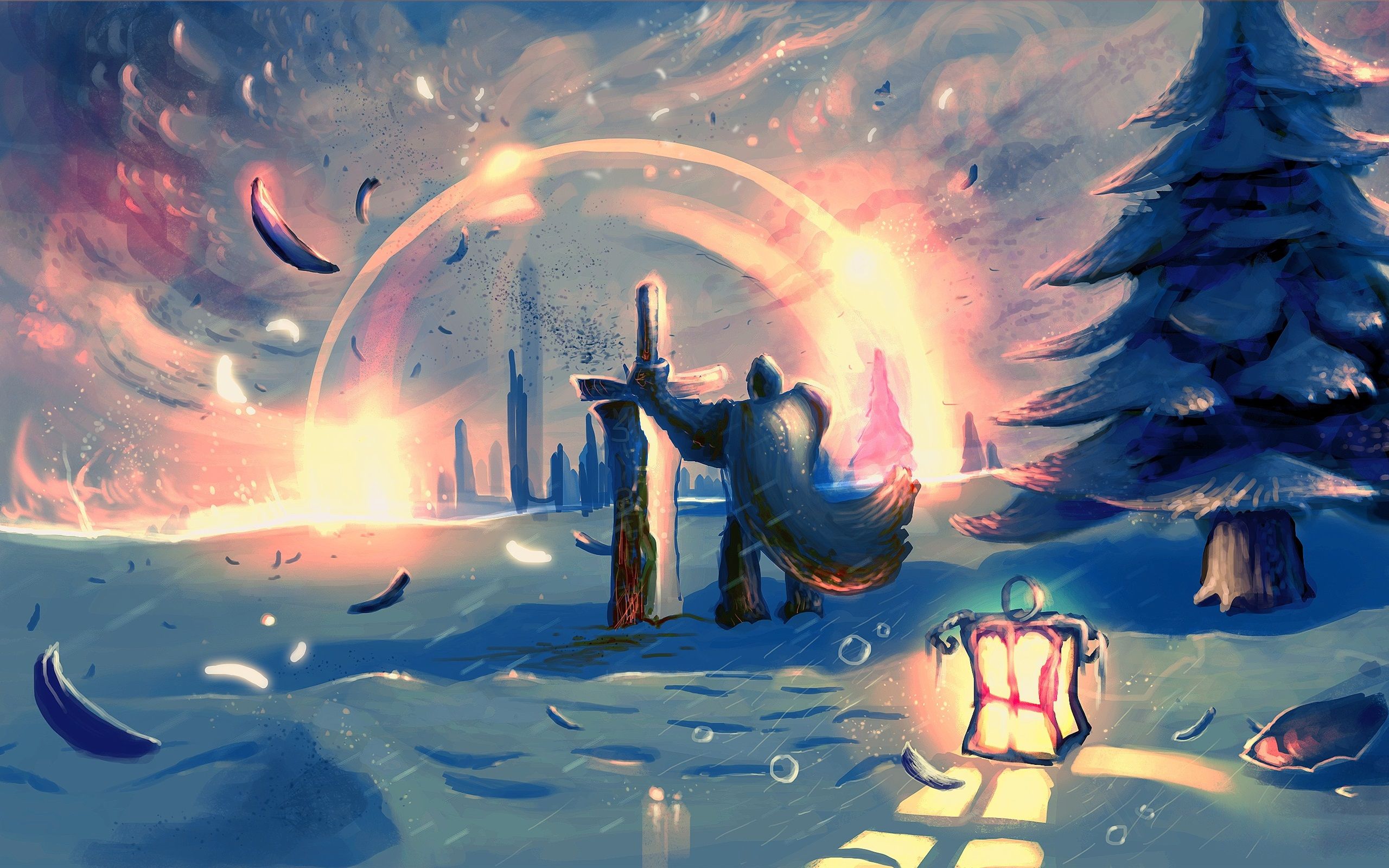 2560x1600 Wallpaper Art drawing, warrior, lantern, sword, snow 2560x1600 Picture, Image