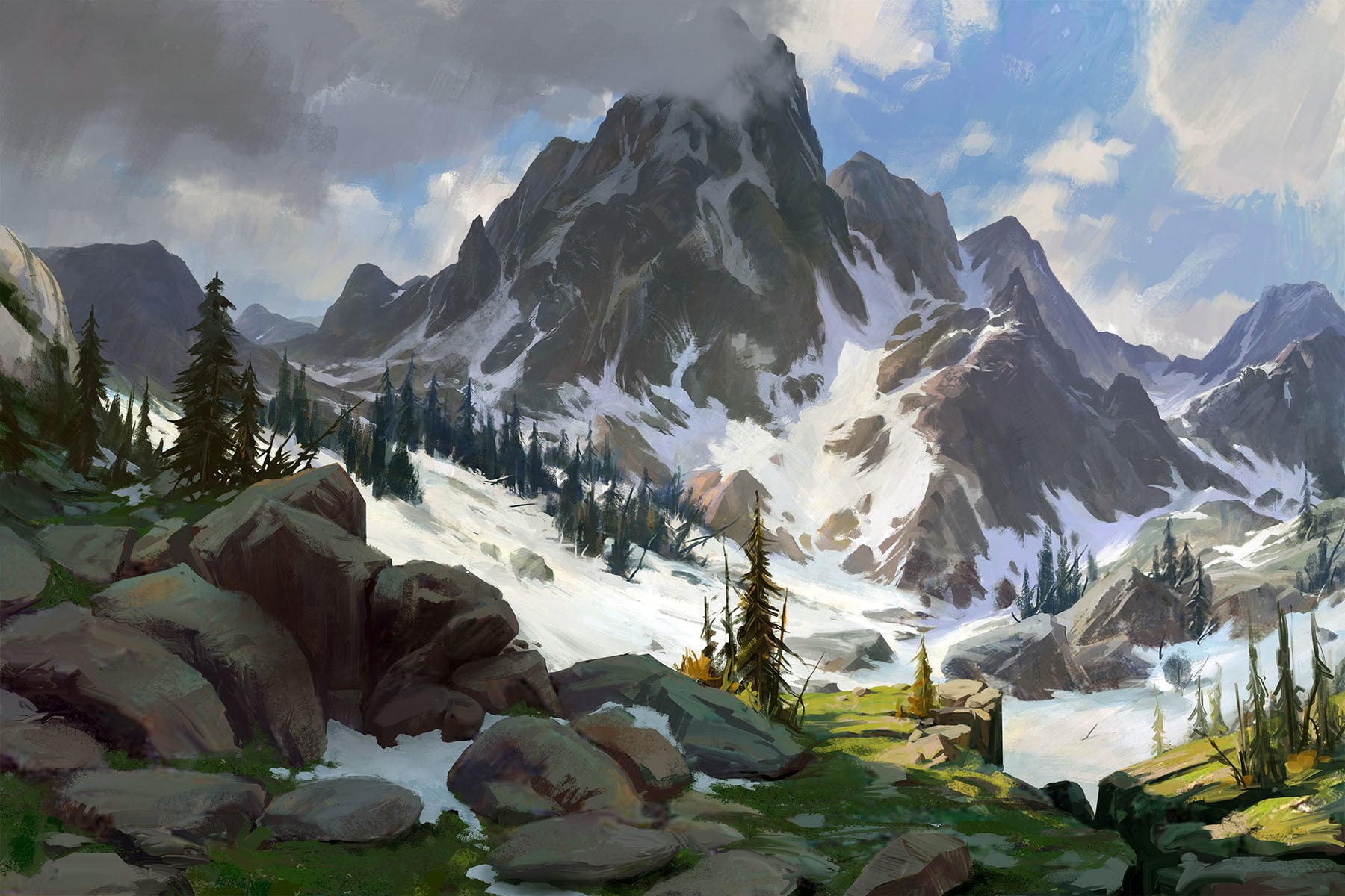 1800x1200 Mountain covered with snow, artwork, drawing, nature, mountains HD wallpaper