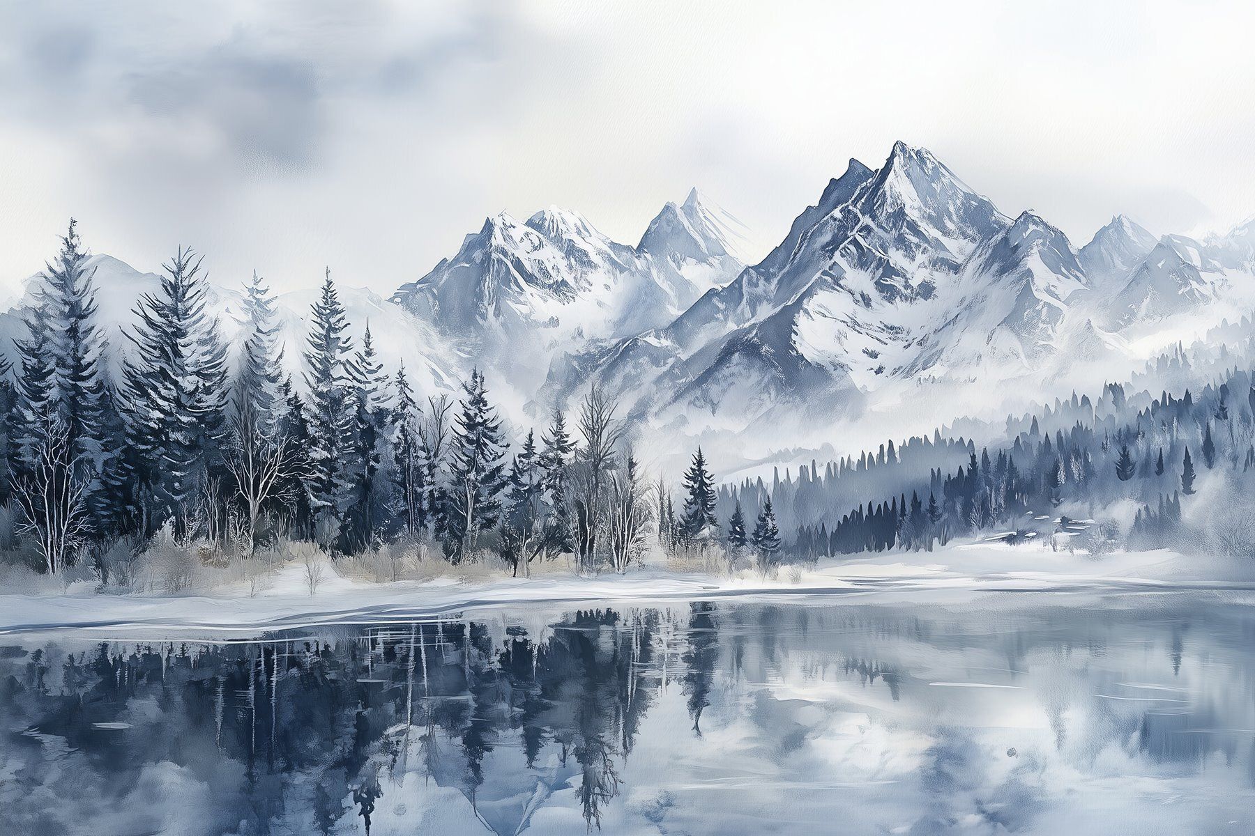 1800x1200 Wall Muralss Nature The Alps in snow, winter forest, frozen lake, blue color palette Nr. w02358