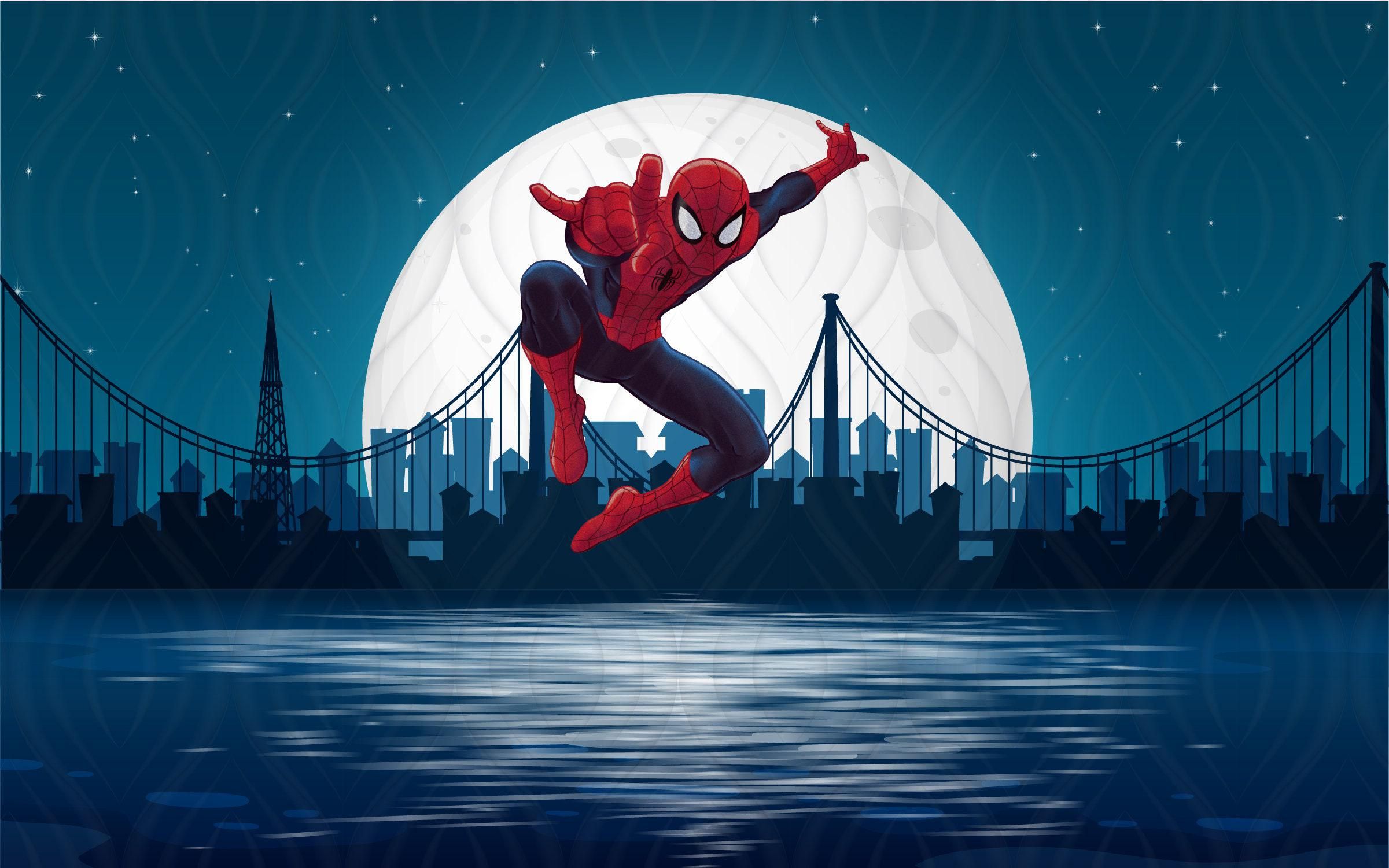2401x1501 Spiderman Wallpaper for Boys Room, Night City Skyline Art Mural Kids Bedroom, Comics Wall Decor Toddler Boy Nursery, Moon Decor Playroom