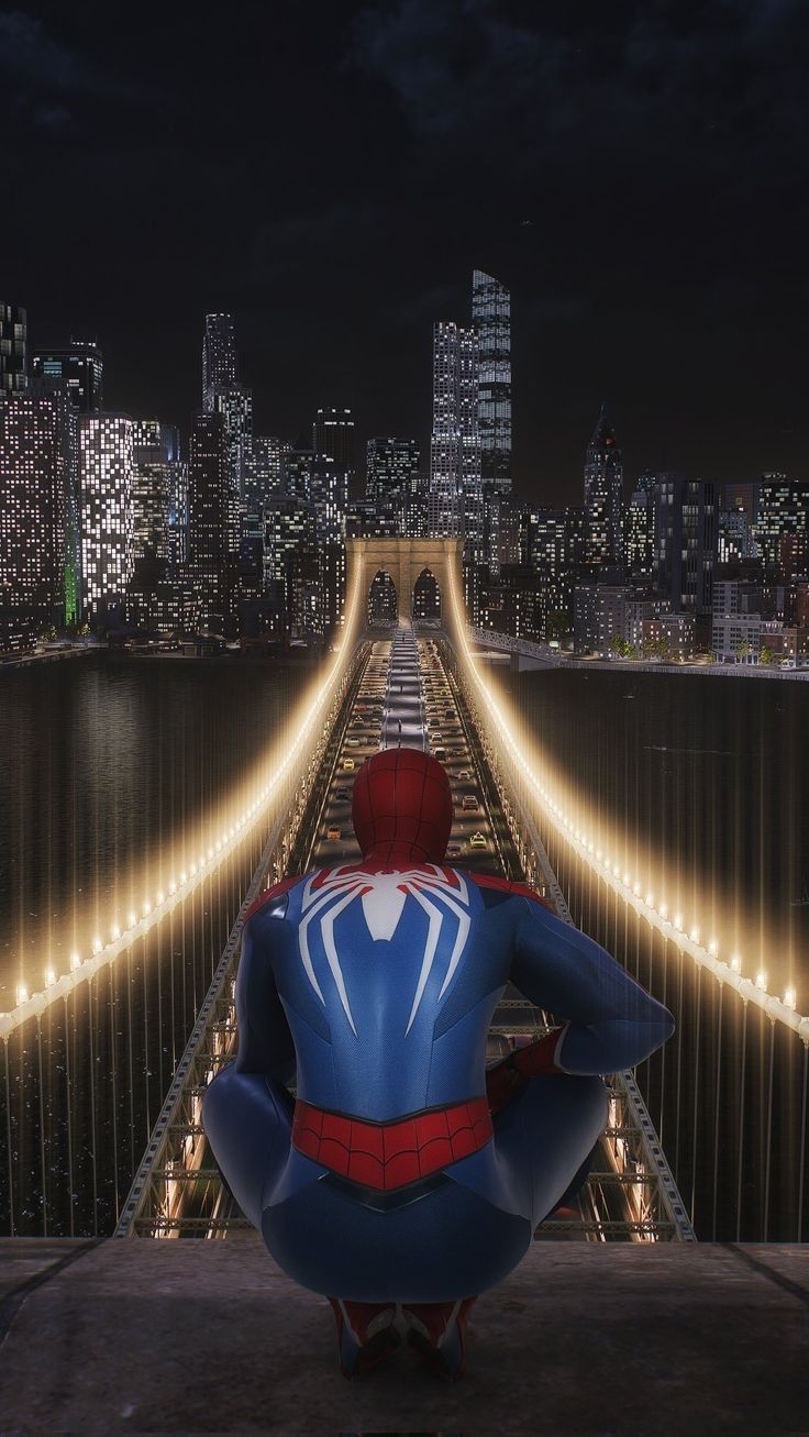 736x1307 Spiderman Sitting on Bridge at Night. Spiderman night wallpaper, Spiderman looking over city, Spiderman city wallpaper