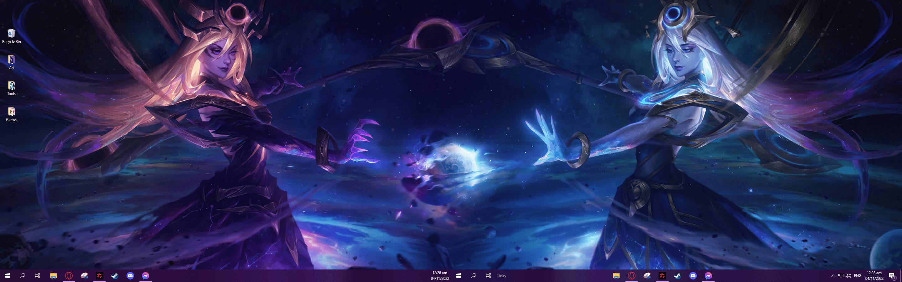 2880x900 Just sharing my dual monitor background setup. I actually edited this together with simple eraser tool and a color gradient overlay and I didn't expect it to look this good. Totally not