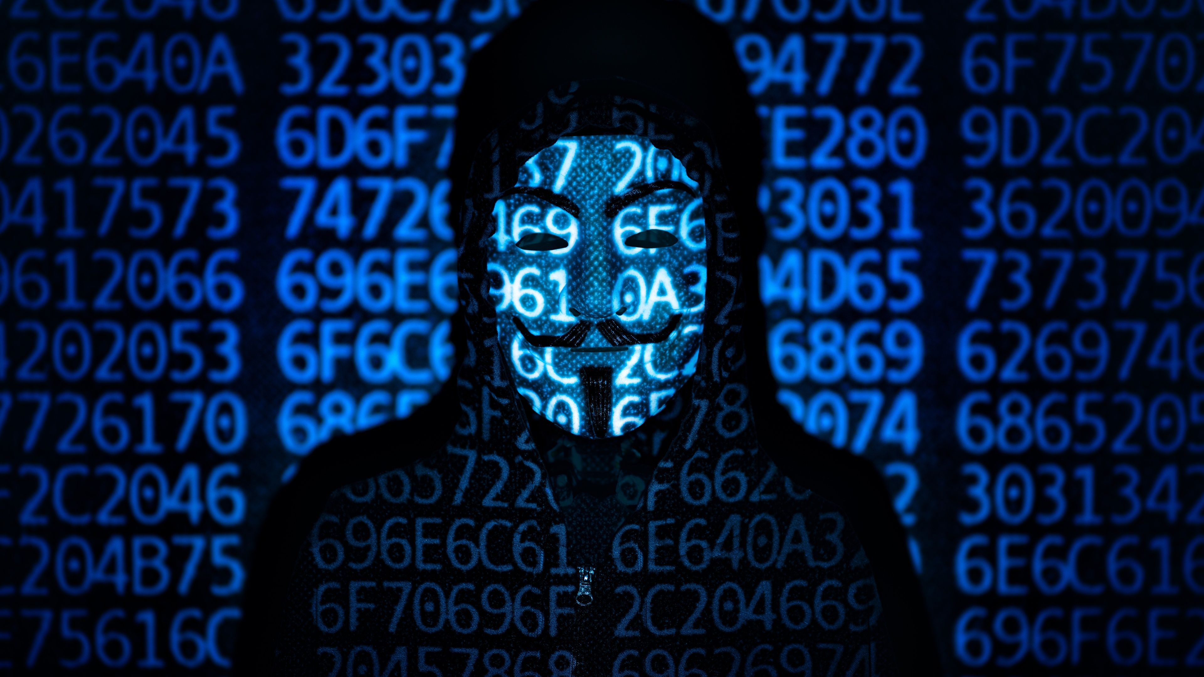 3840x2160 Hacker Wallpaper 4K, Guy Fawkes mask, Code