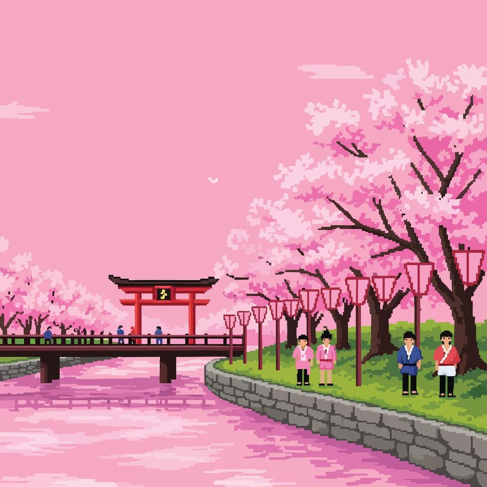 980x980 Cherry Blossom Scenes Pixel Art Japanese Cherry Blossom Scene With Torii