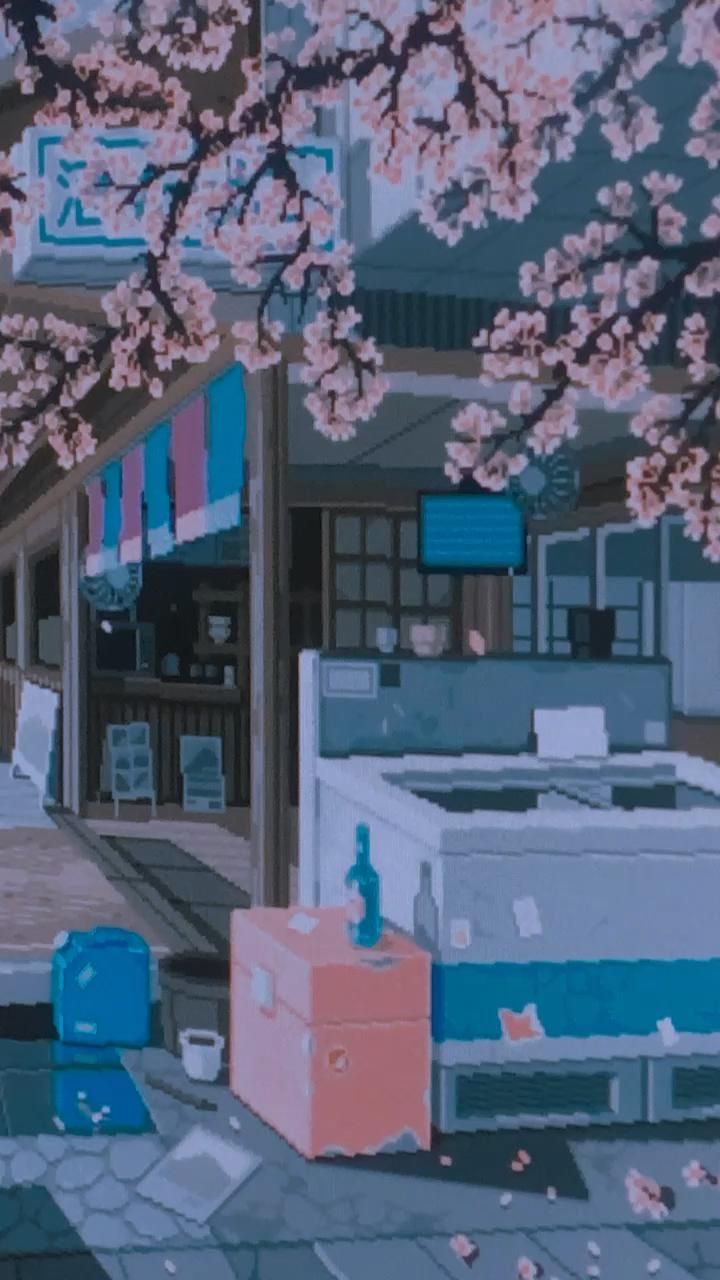 720x1280 Pixel Art Aesthetic Japan. Street Scene with Cherry Blossom Tree. Pixel art aesthetic wallpaper gif, 16pxl anime, Cherry blossom aesthetic pixel art