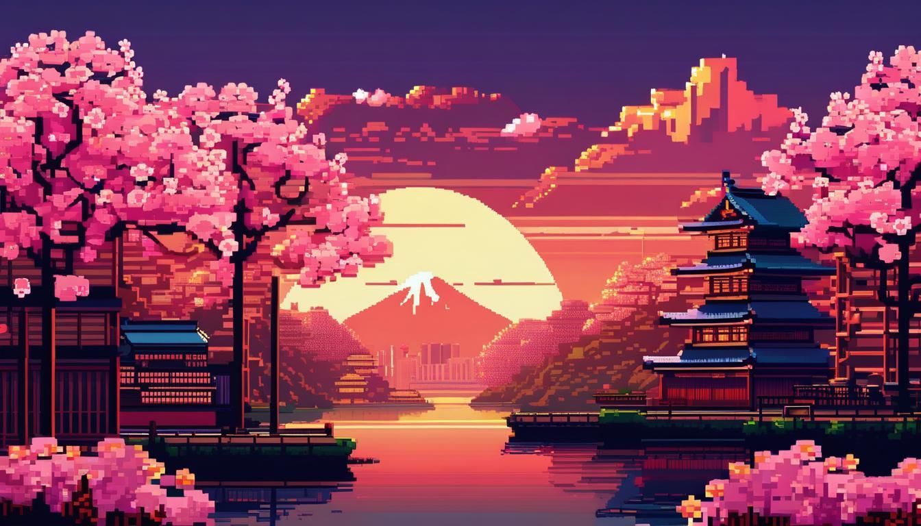 1344x768 8 Bit Cherry Blossoms Bit Japanese City Cherry Blossoms