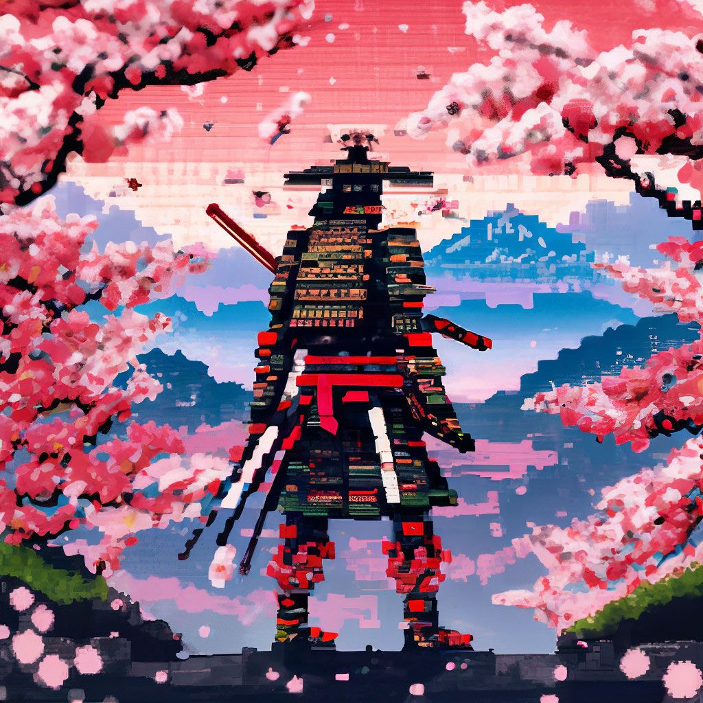 1024x1024 Pixel samurai on the background of cherry blossoms