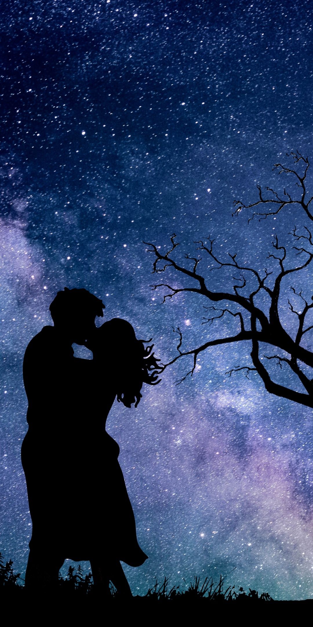 1080x2160 Couple Wallpaper 4K, Night, Romantic kiss, Silhouette
