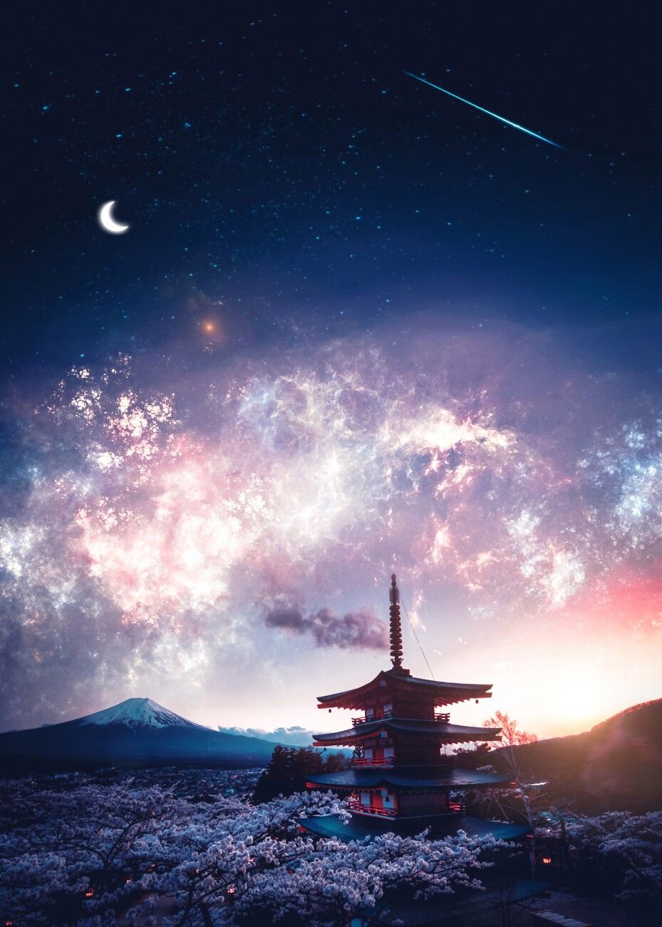 929x1300 Poster Mount Fuji Japanese Starry Night Sky