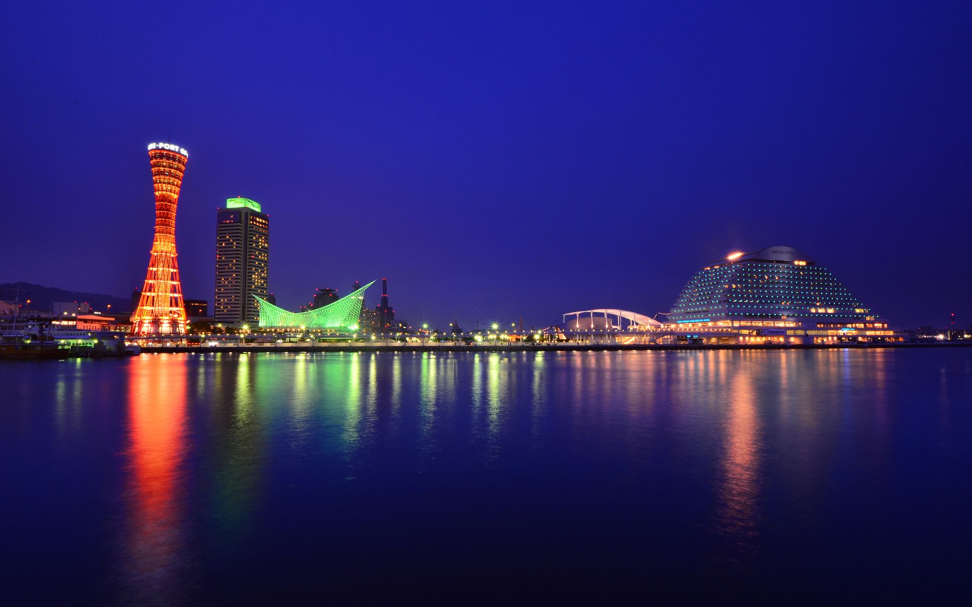 1920x1200 japan, Honshu, Kobe, City, Port, Buildings, Tower, Light, Night, Blue, Sky, Reflection Wallpaper HD / Desktop and Mobile Background