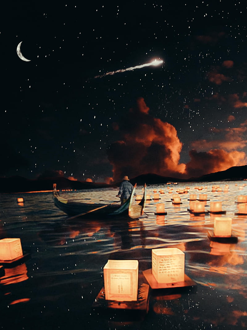 800x1065 Japanese lantern night, GEN_Z__, asia, clouds, collage, comet, crescent moon, HD phone wallpaper