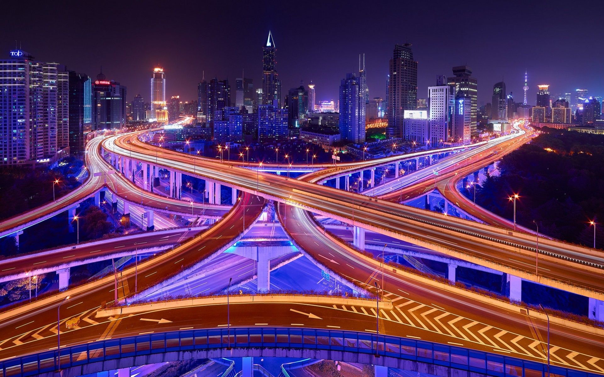 1920x1200 road, City, Neon light, Trees, Night sky, Japan, Long exposure, Light trails Wallpaper HD / Desktop and Mobile Background
