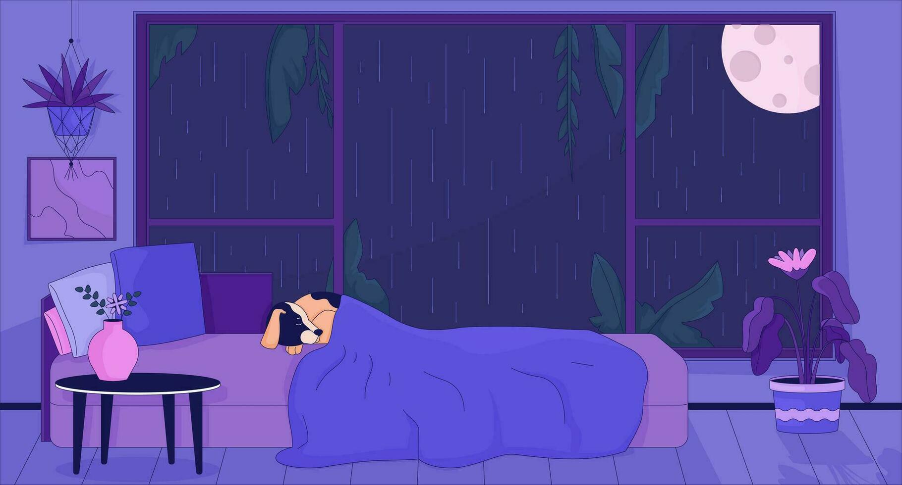 1820x980 Dog sleeping in bed at night rainy 2D cartoon background. Sleepy puppy lifestyle colorful aesthetic vector illustration, nobody. Full moon nighttime window bedroom flat line wallpaper art, lofi image 36346130 Vector Art
