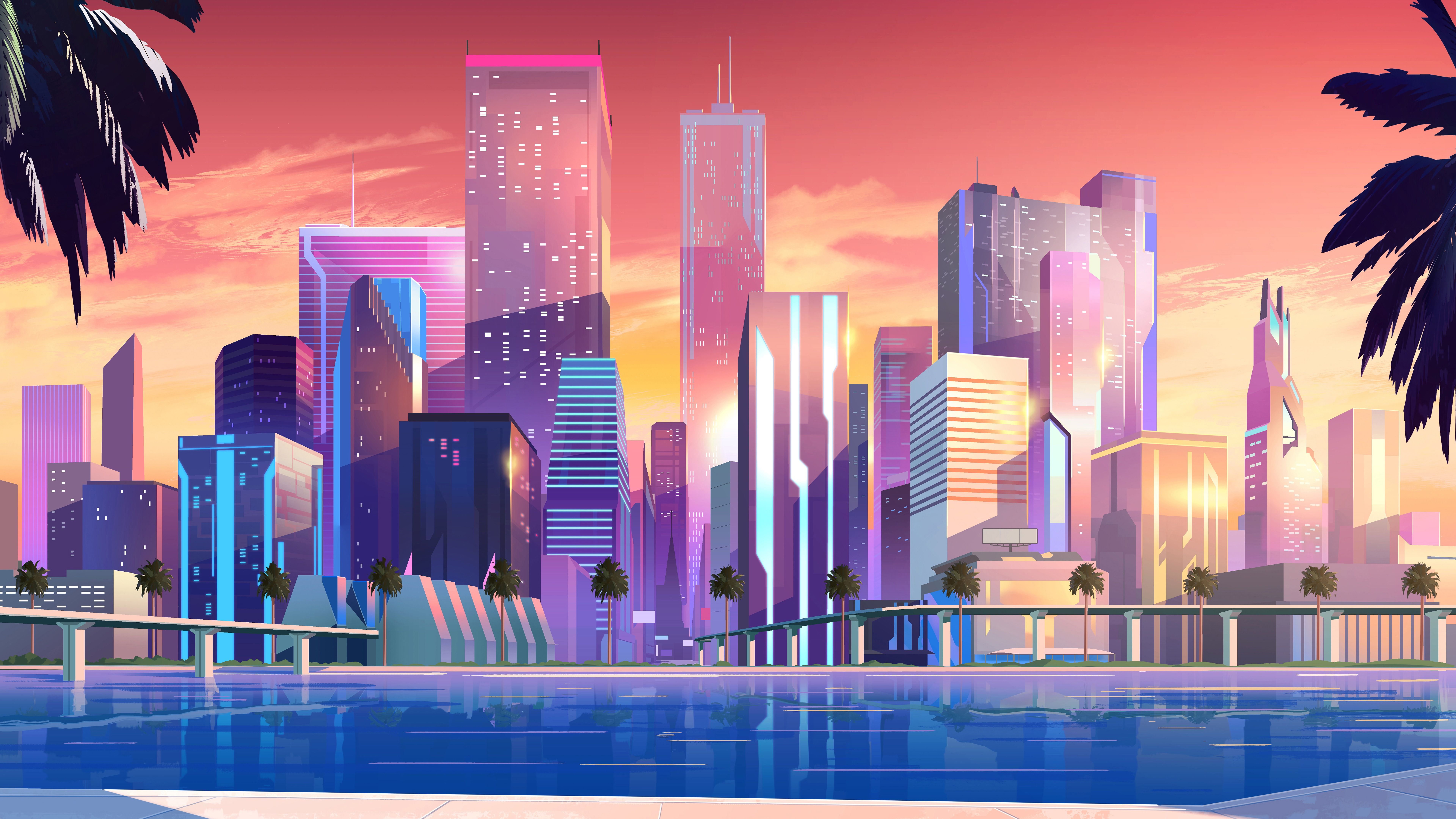 7680x4320 8K Ultra HD Artistic Skyline: Vibrant Skyscrapers of a Modern Cityscapex4320