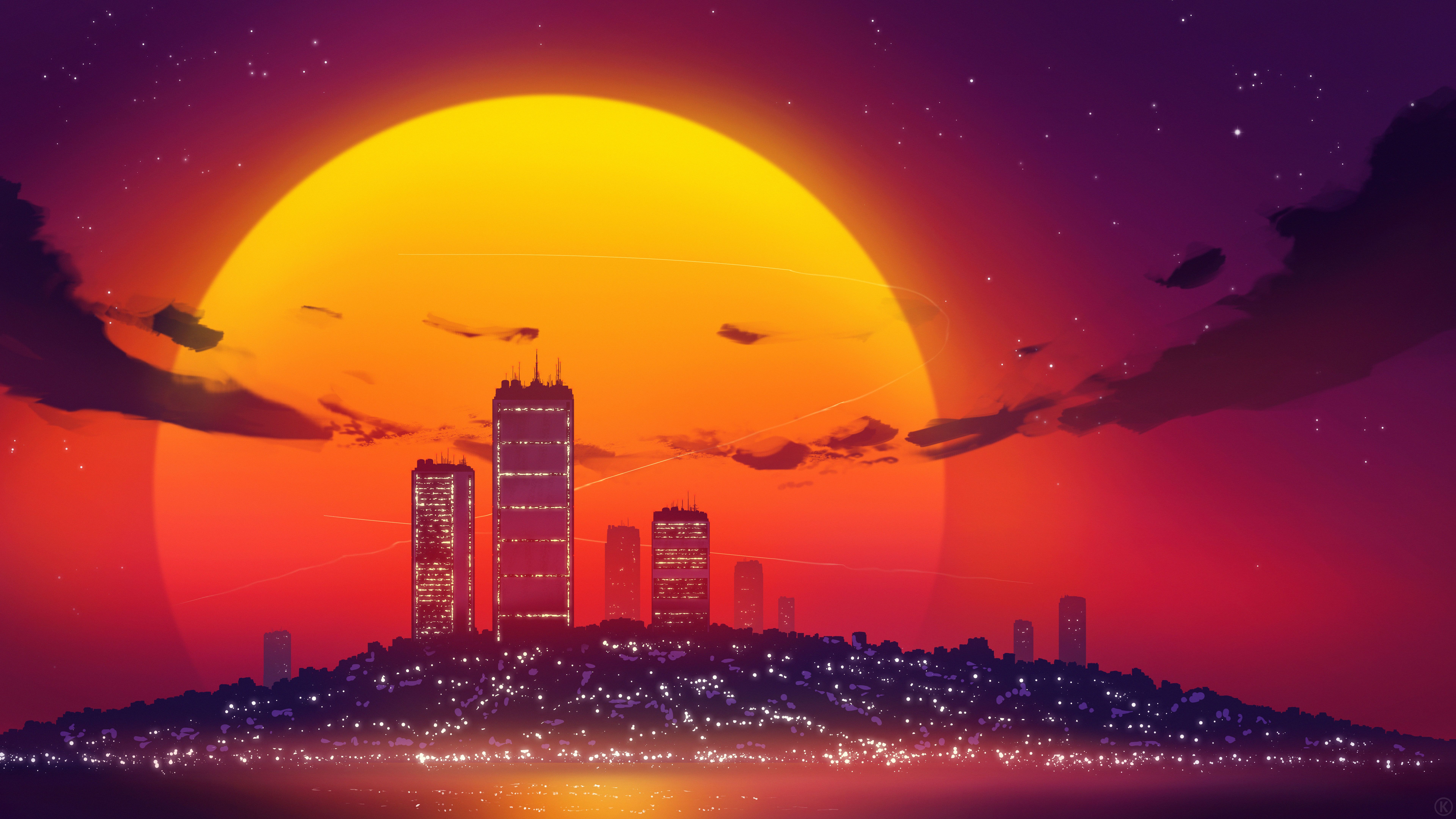 7680x4320 Sunset Over Neon Spires
