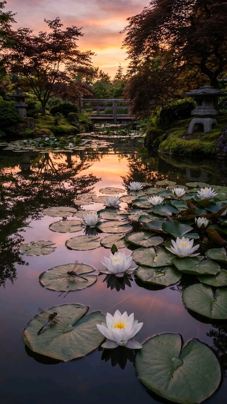 768x1365 Old Money Aesthetic Men Blazer Pants Streetwear Chic Homme White Water Lilies And Dragonflies Floating On A Calm Koi Pond, Stone Lanterns And Bridge Glowing At Sunset #JapaneseGardenAesthetic #LilyPondView #ZenNaturePhotography #DragonflyScenery