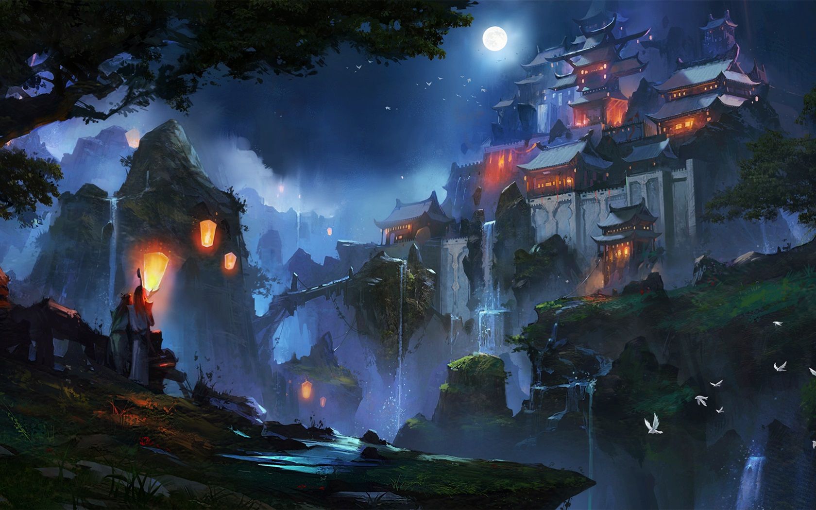 1680x1050 Wallpaper Chinese landscape, houses, moon, night, mountains, art drawing 1920x1080 Full HD 2K Picture, Image
