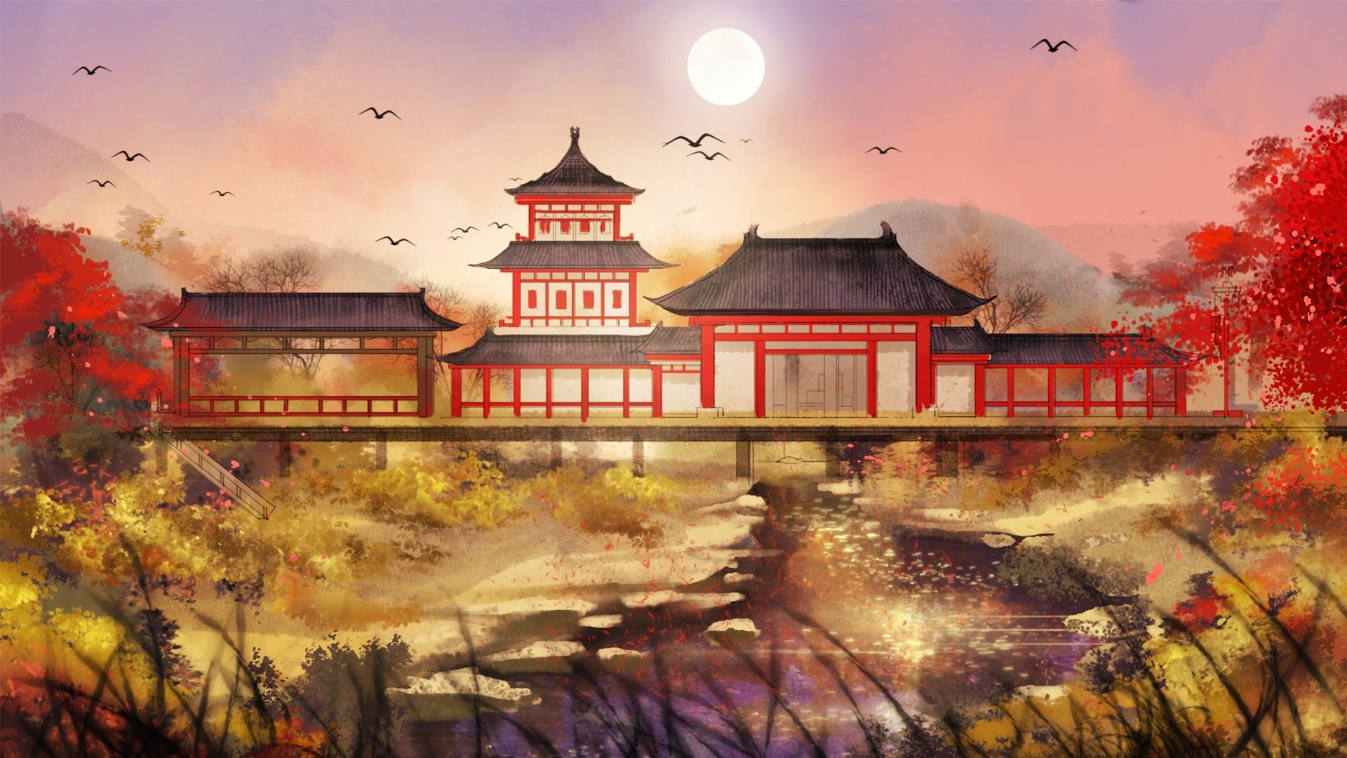 1920x1080 Wallpaper Chinese retro style park, art drawing 1920x1080 Full HD 2K Picture, Image