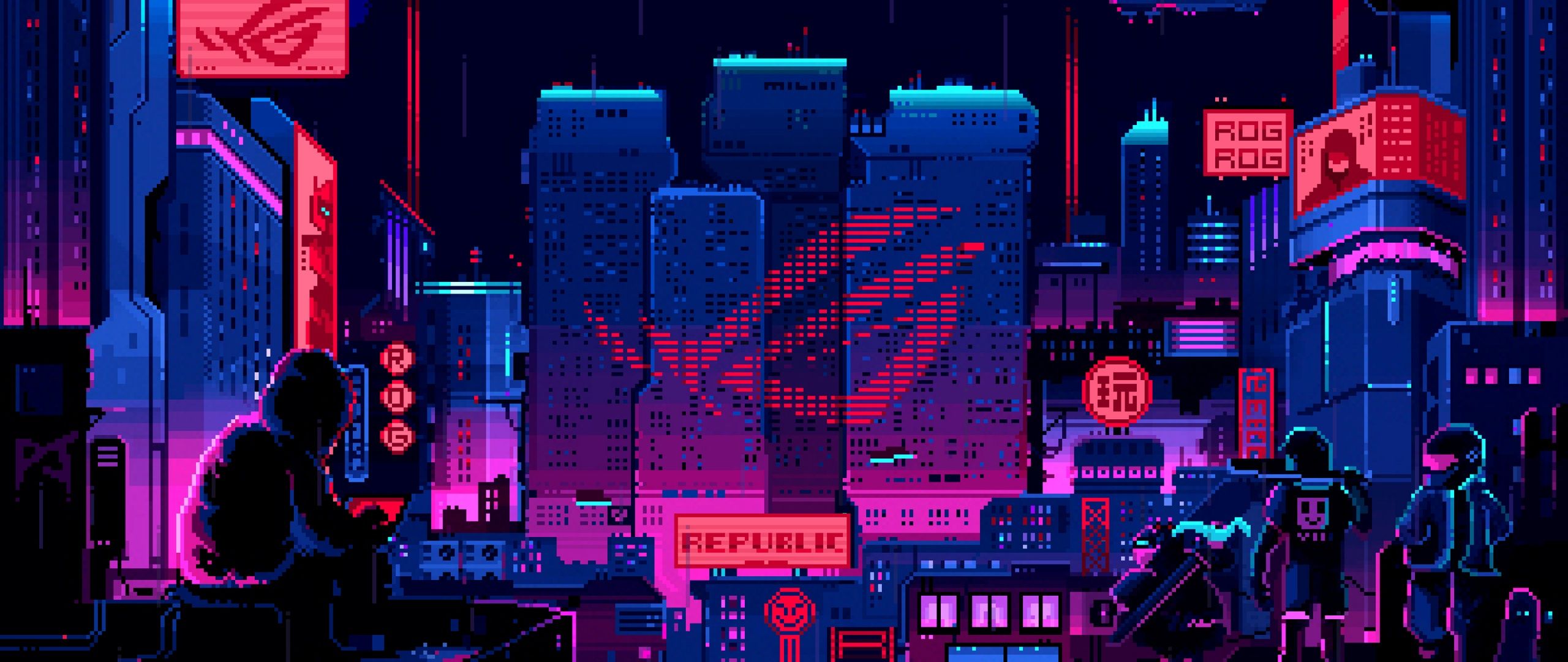 2560x1080 ASUS ROG Wallpaper 4K, Futuristic, Pixel art, Cyberpunk