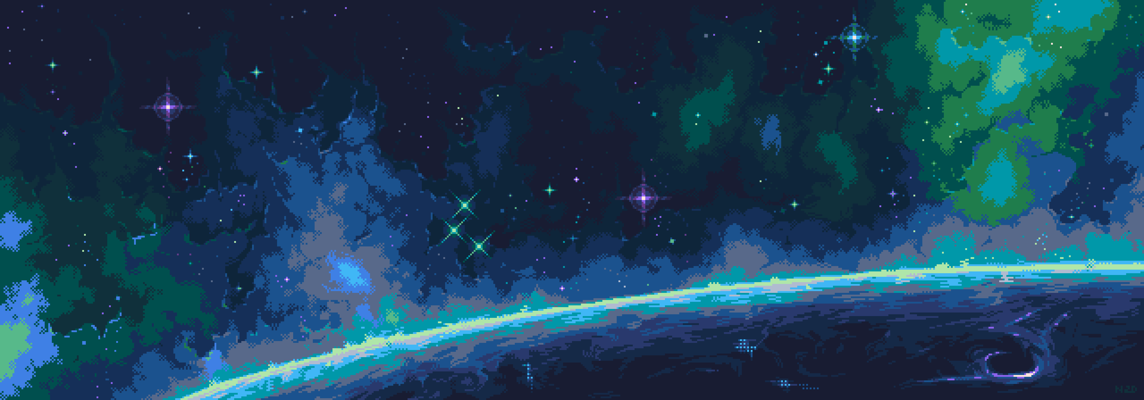 3840x1344 Space Pixel Art Wallpaper