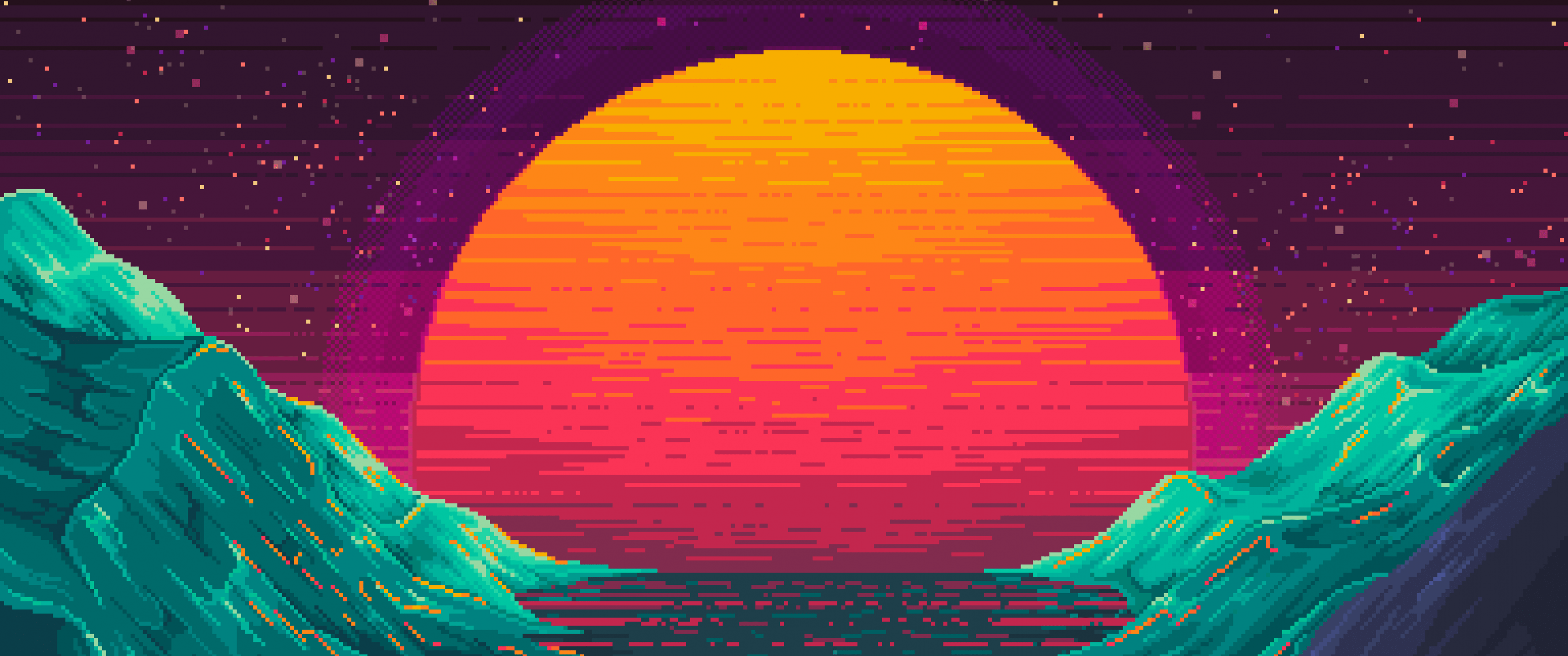 3440x1440 Sun Wallpaper 4K, Dawn, Valley, Pixel art, set