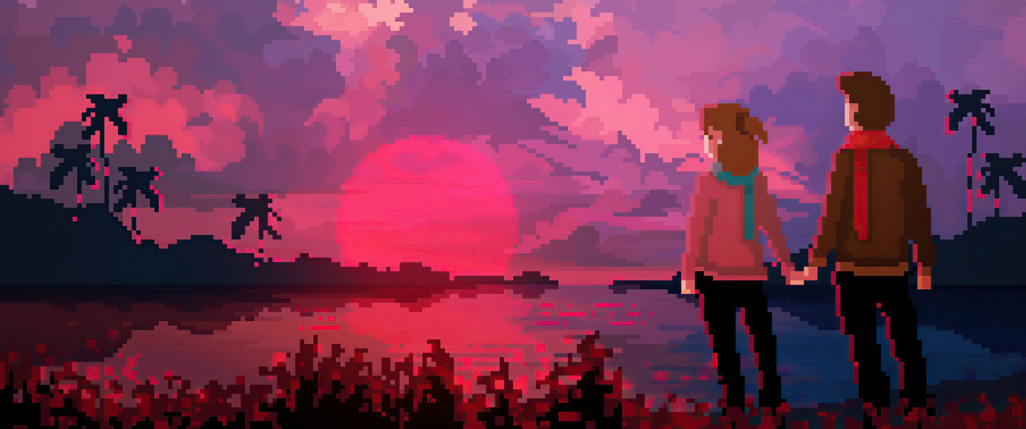 3440x1440 Love couple Wallpaper 4K, Pixel art, Sunset, Retro style